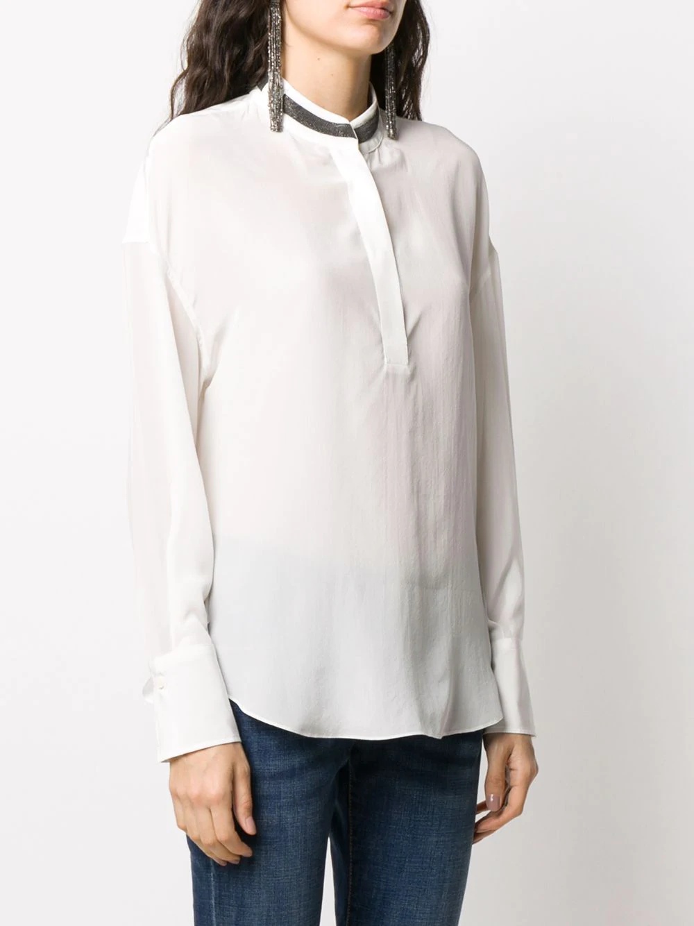 mandarin collar silk shirt with ribbon detail - 3