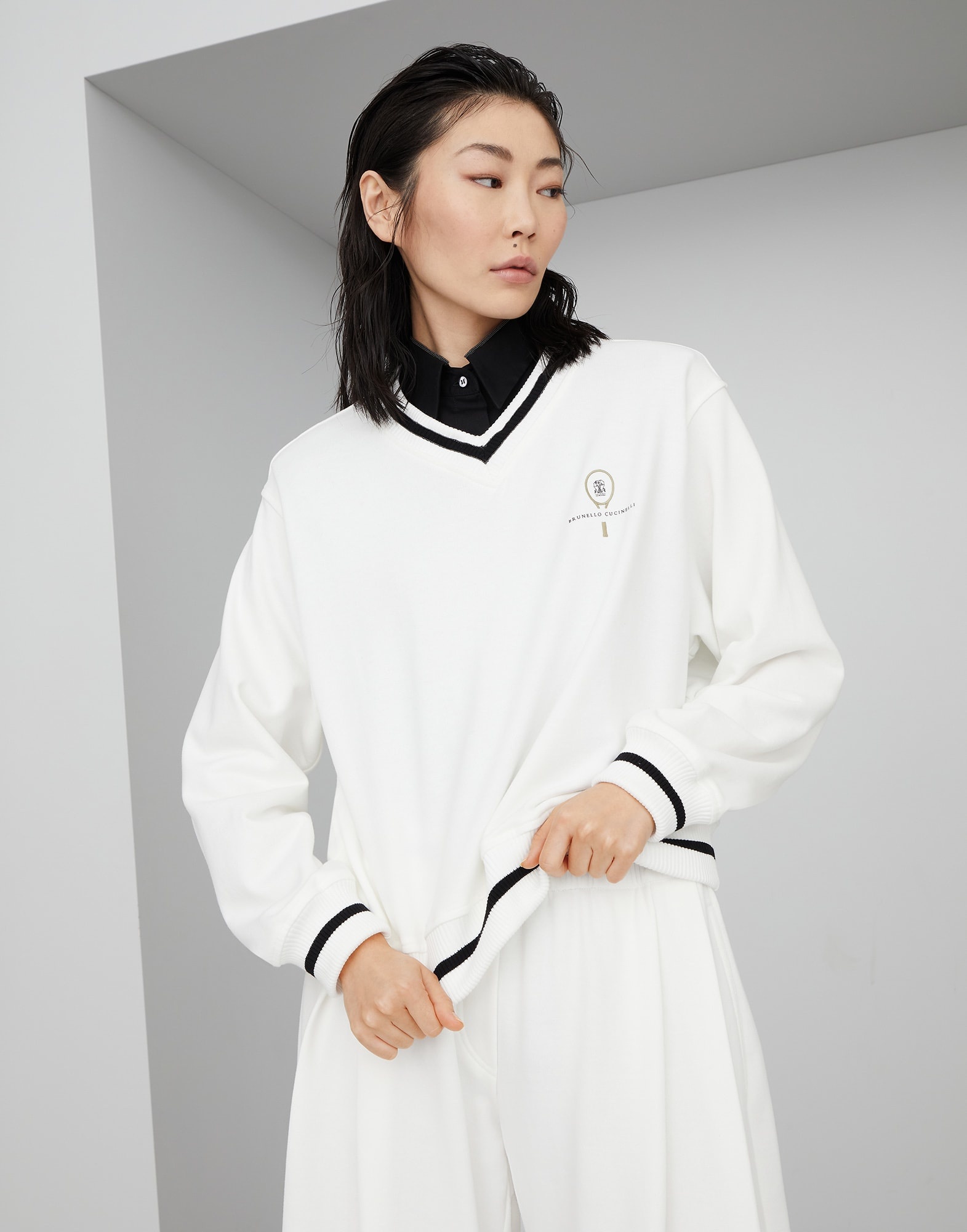 Cotton smooth French terry sweatshirt with monili and tennis logo - 4