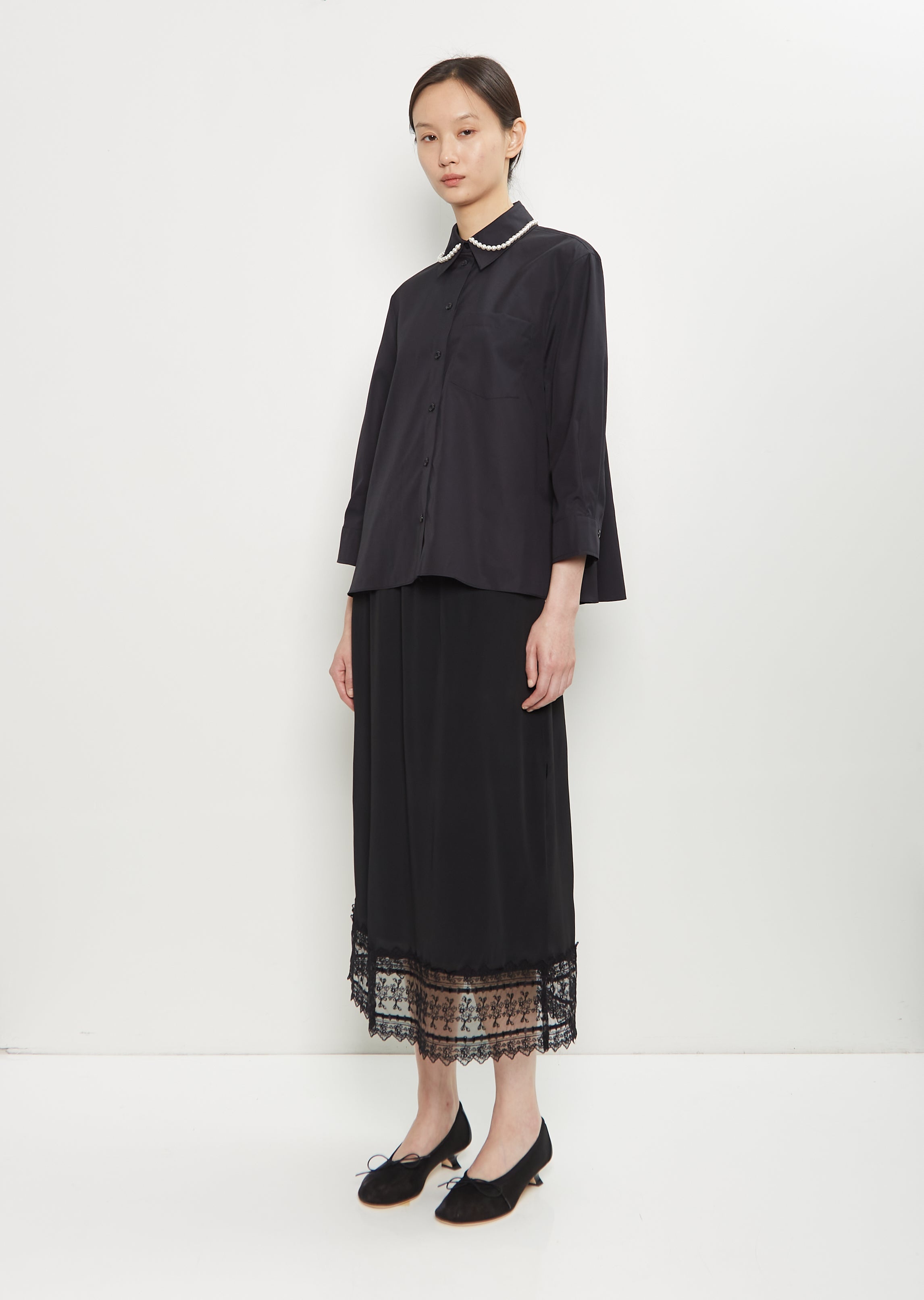 Cotton Embellished Cropped Shirt — Black - 4