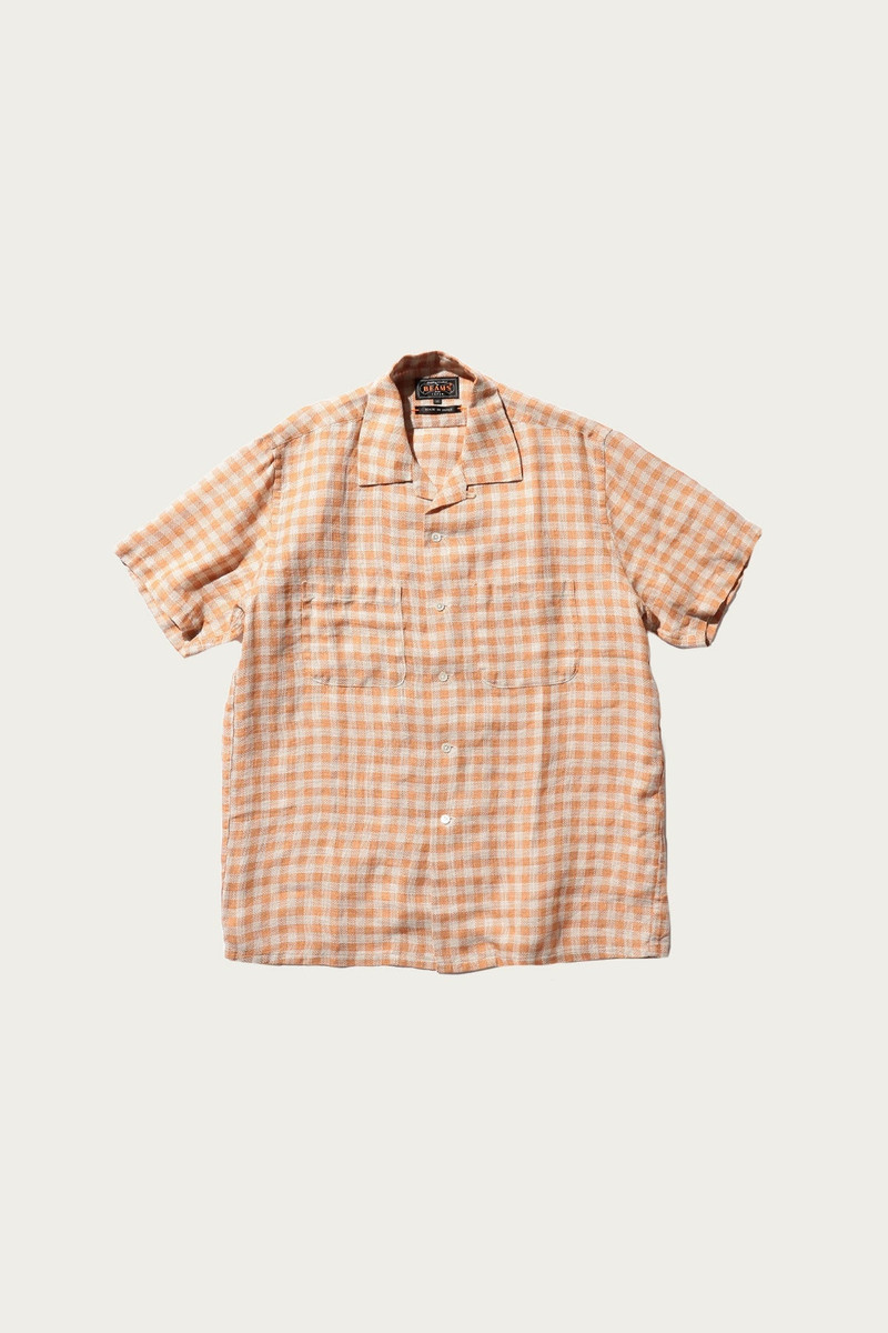BEAMS PLUS Open Collar Pajama Plaid Linen - Orange outlook