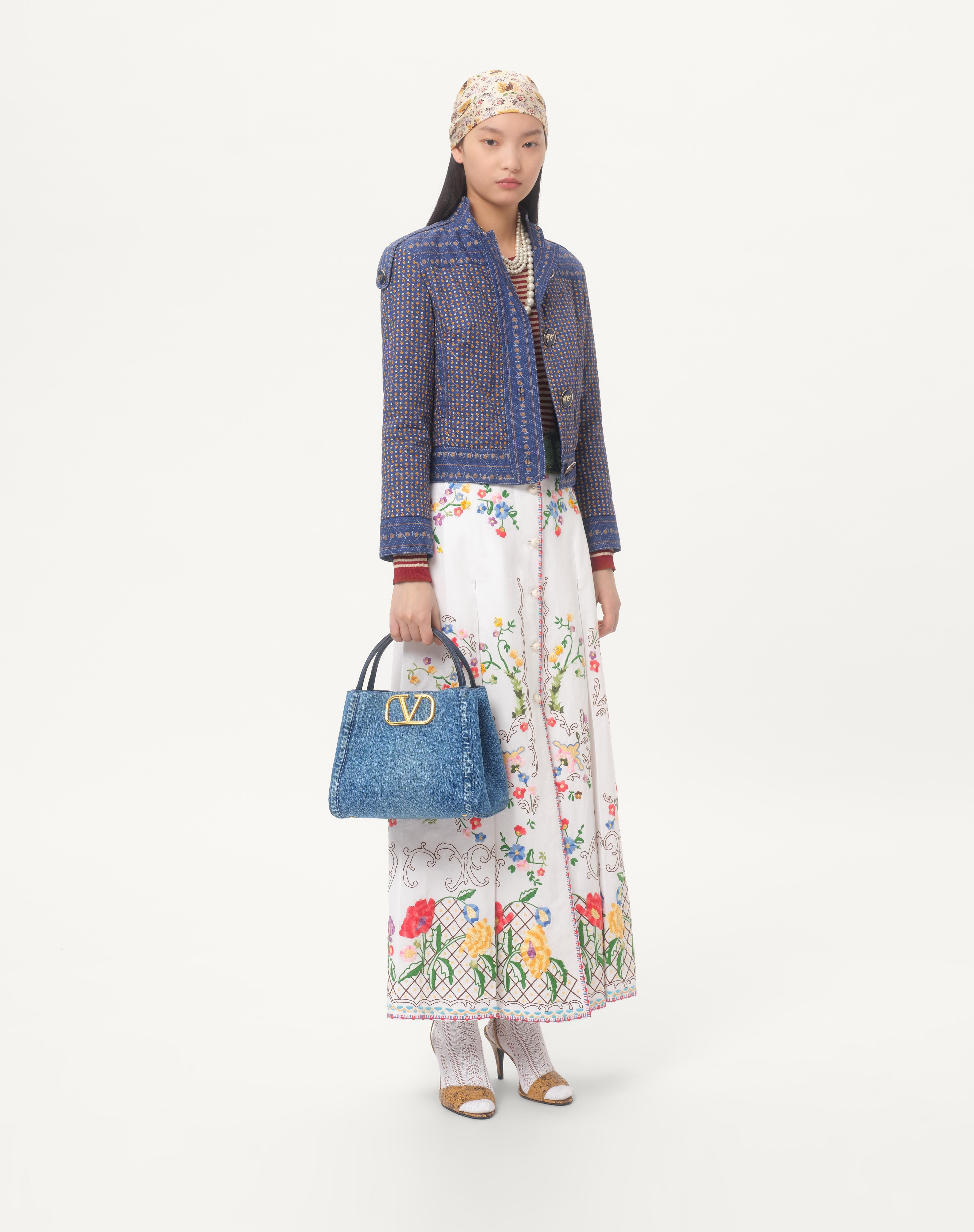 VALENTINO GARAVANI ALLTIME MEDIUM HANDBAG IN DENIM WITH EMBROIDERED STRAP - 2