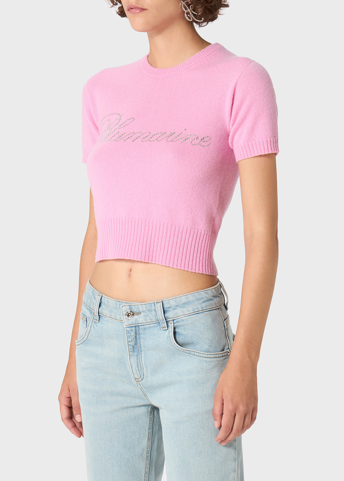 CASHMERE CROPPED SWEATER WITH BLUMARINE RHINESTONE LOGO - 5