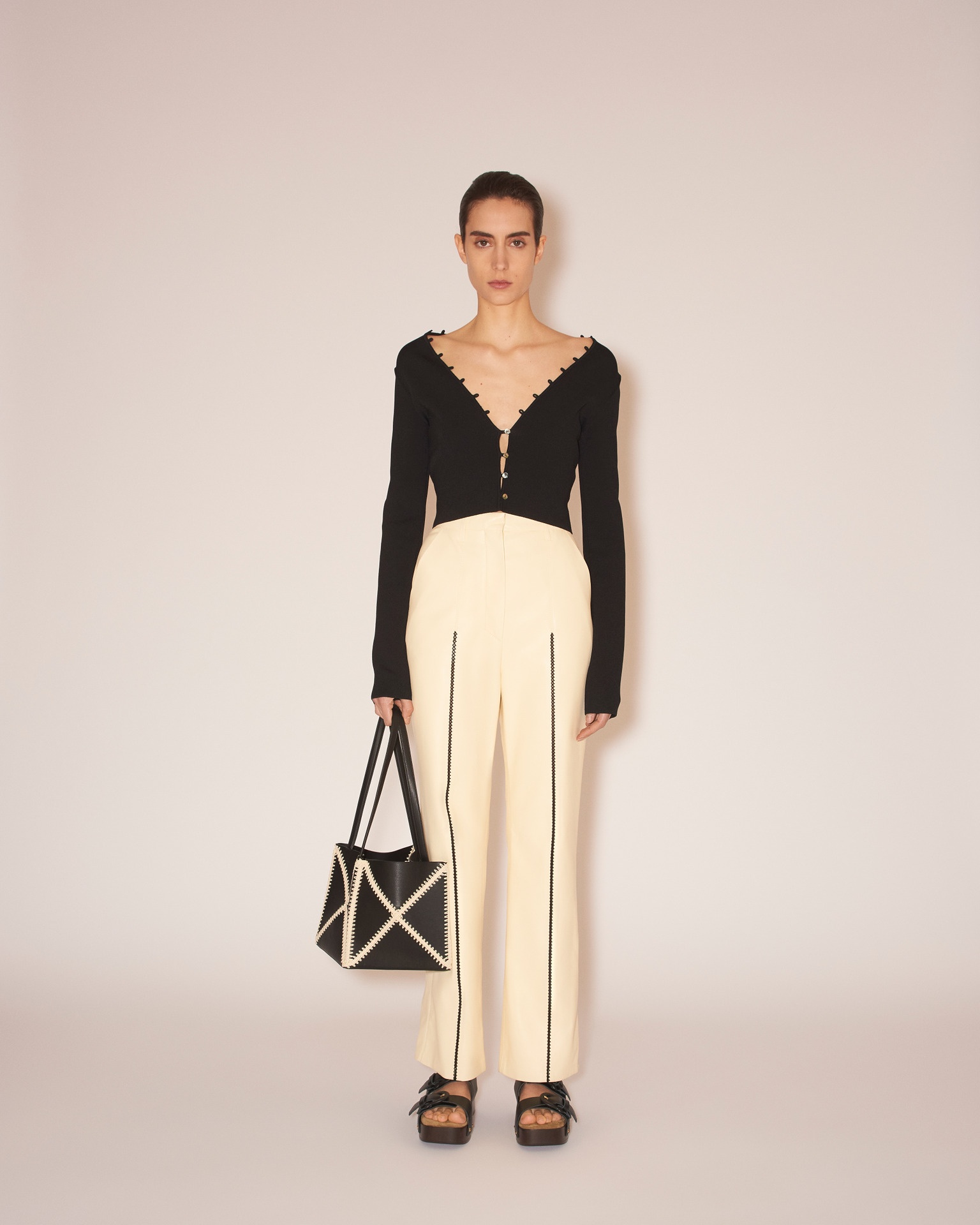 LUCEE - Vegan leather merrow-stitch straight-leg trousers - Vanilla - 3