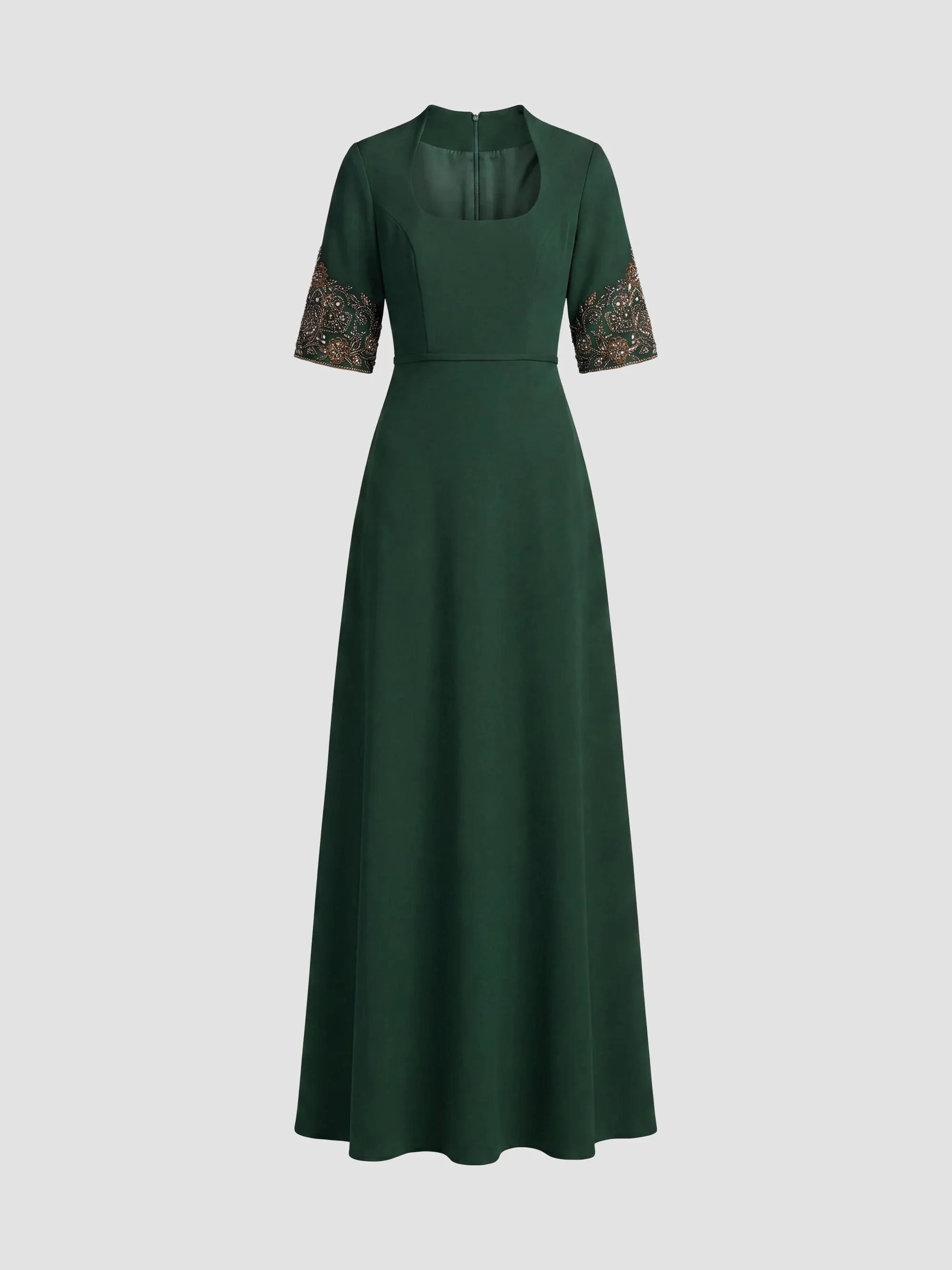 Women's Crepe Beaded-Cuffs A-Line Gown - Deep Green - 1