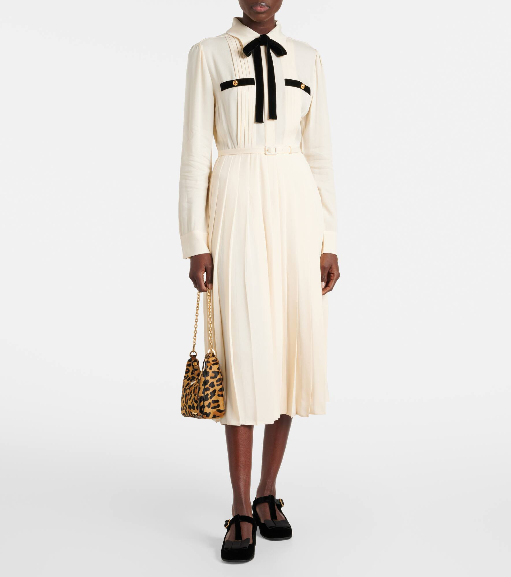 Tie-neck pleated belted shirt dress - 2