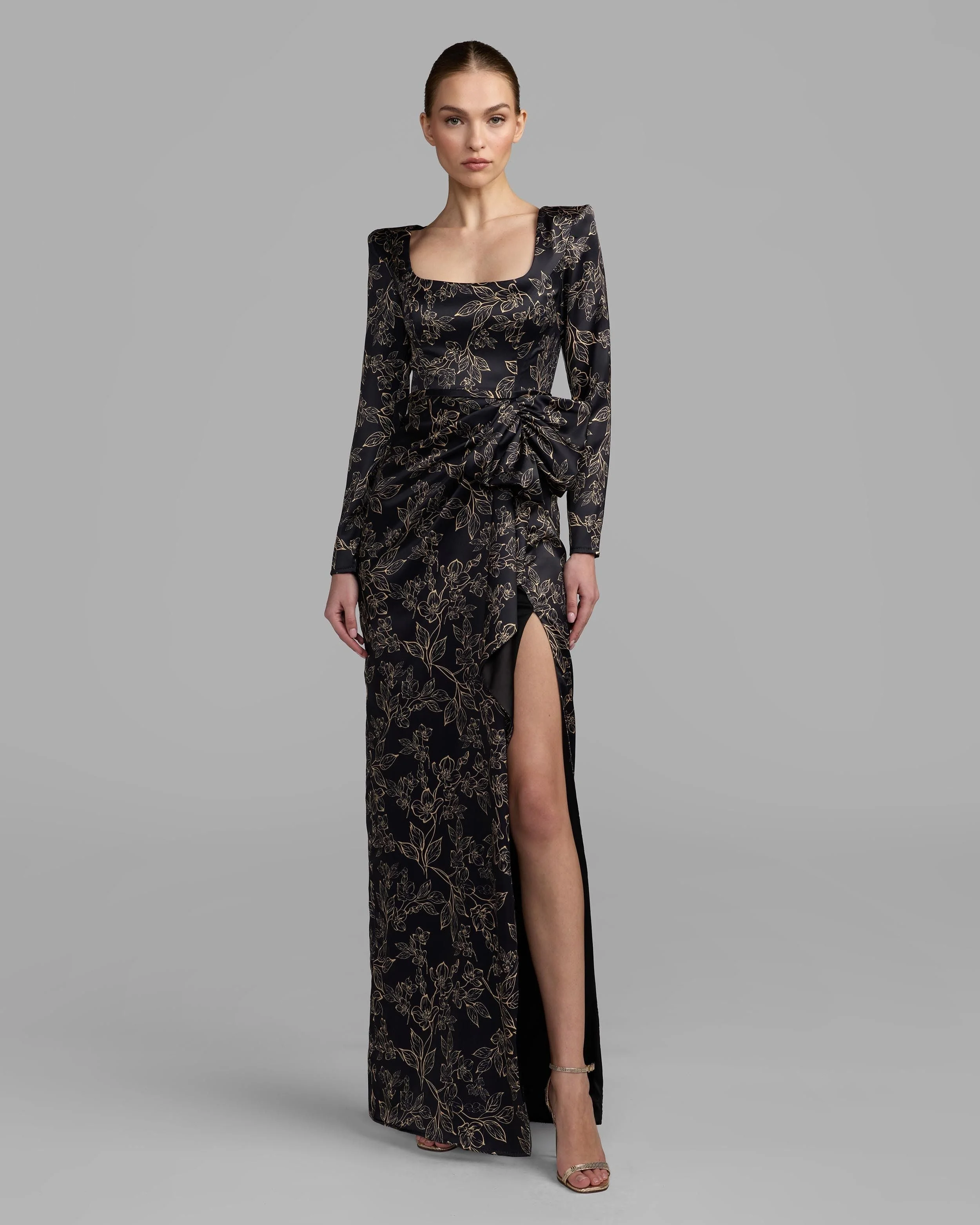 Black Multi Floral Printed Long Sleeve Gown With Bow - 1