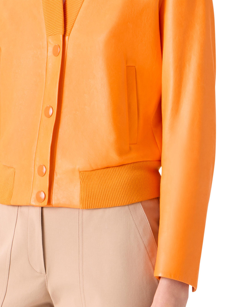 Women's Crinkled Leather V-Neck Bomber Jacket - Orange 5