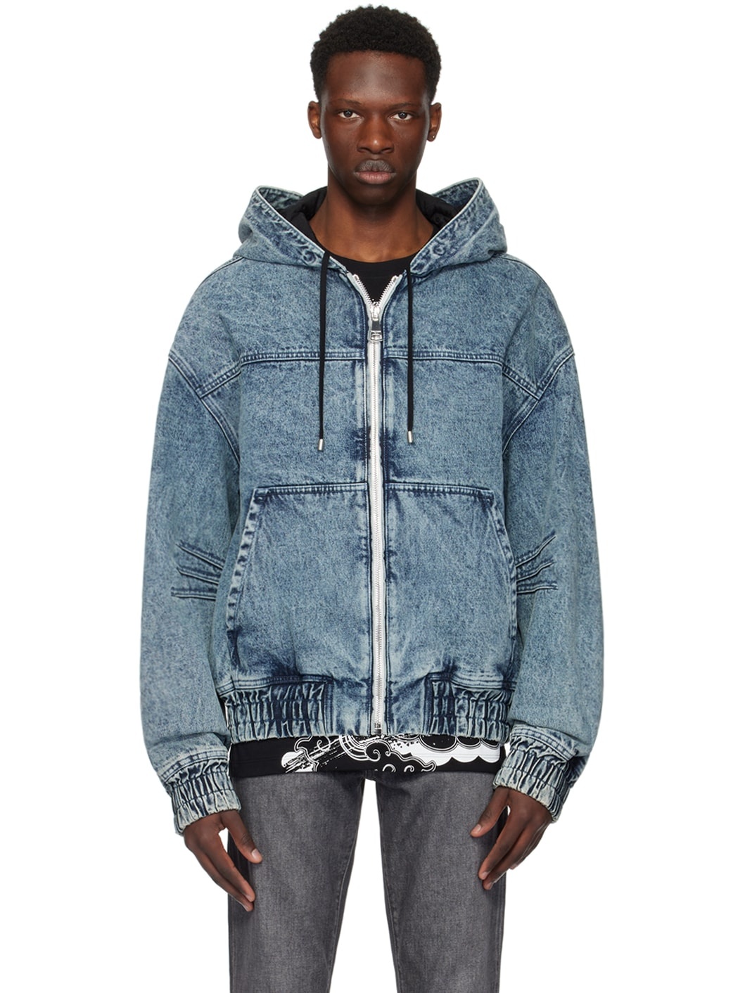 Blue Hooded Denim Bomber Jacket - 1