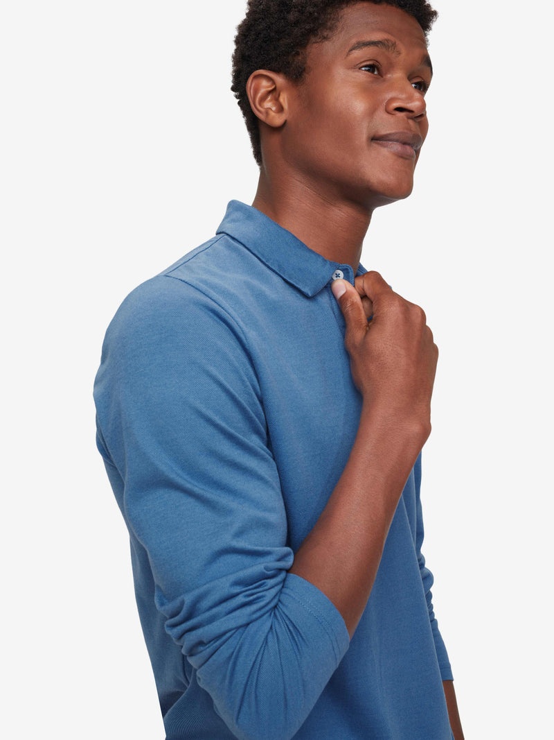 Men's Long Sleeve Polo Shirt Ramsay 3 Pique Cotton Tencel Blue - 5
