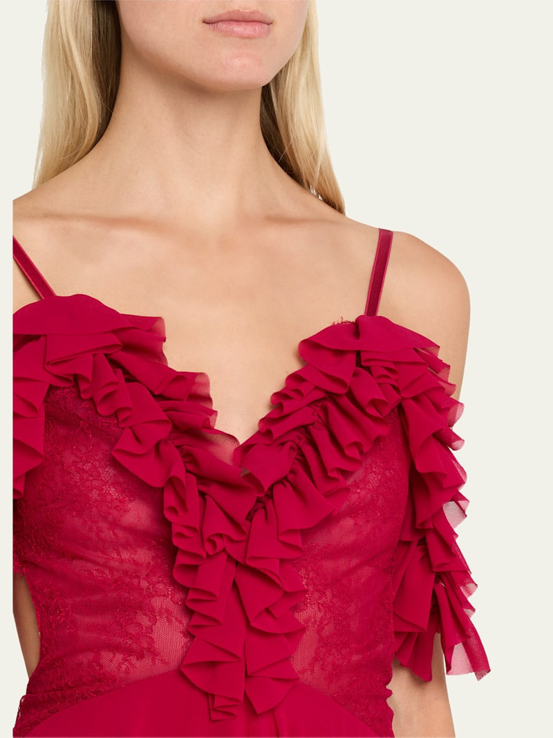 Lace-Inset Tiered Ruffle Chiffon Evening Dress 5