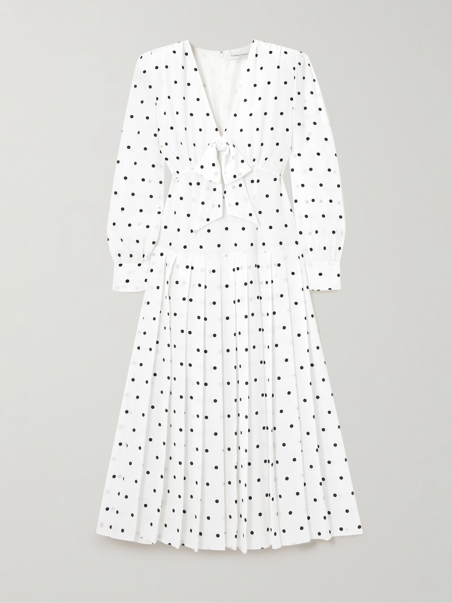 Bow-embellished pleated polka-dot silk midi dress White - 1