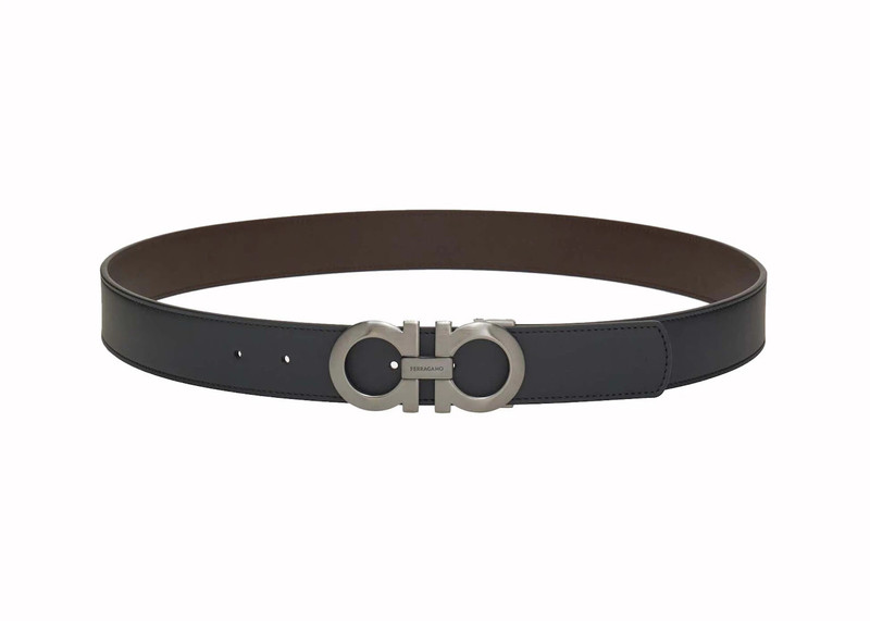 FERRAGAMO Ferragamo Reversible and Adjustable Gancini Belt (New Logo) (675542 464231) Black/Hickory outlook