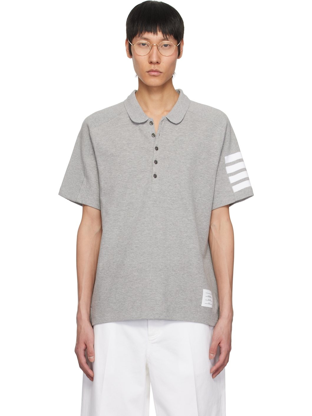 Gray Cotton 4-Bar Short Sleeve Polo - 1