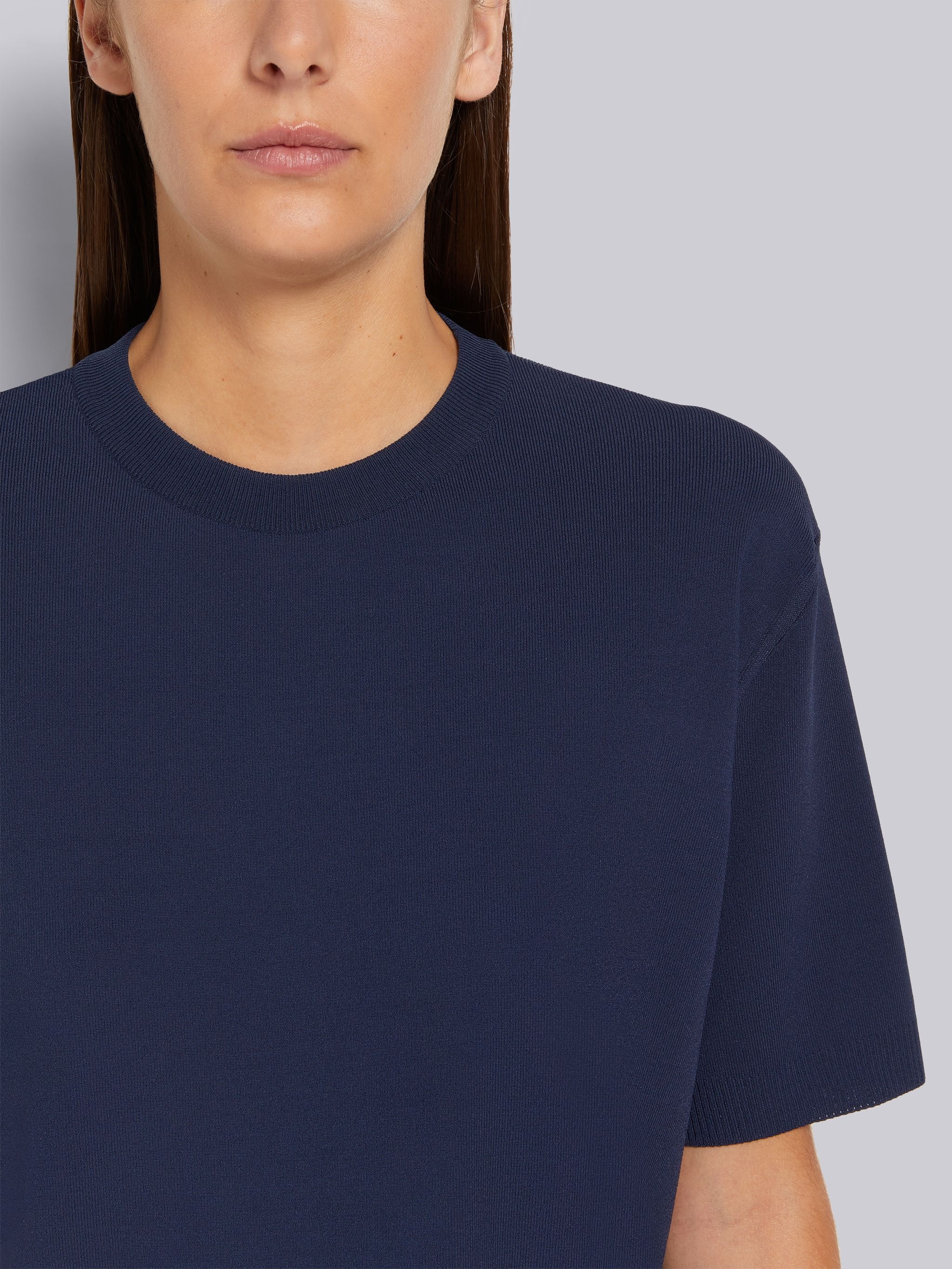 Navy Jersey Stitch Stretch Viscose Intarsia Back Stripe Boxy Fit Crew Neck Tee - 5