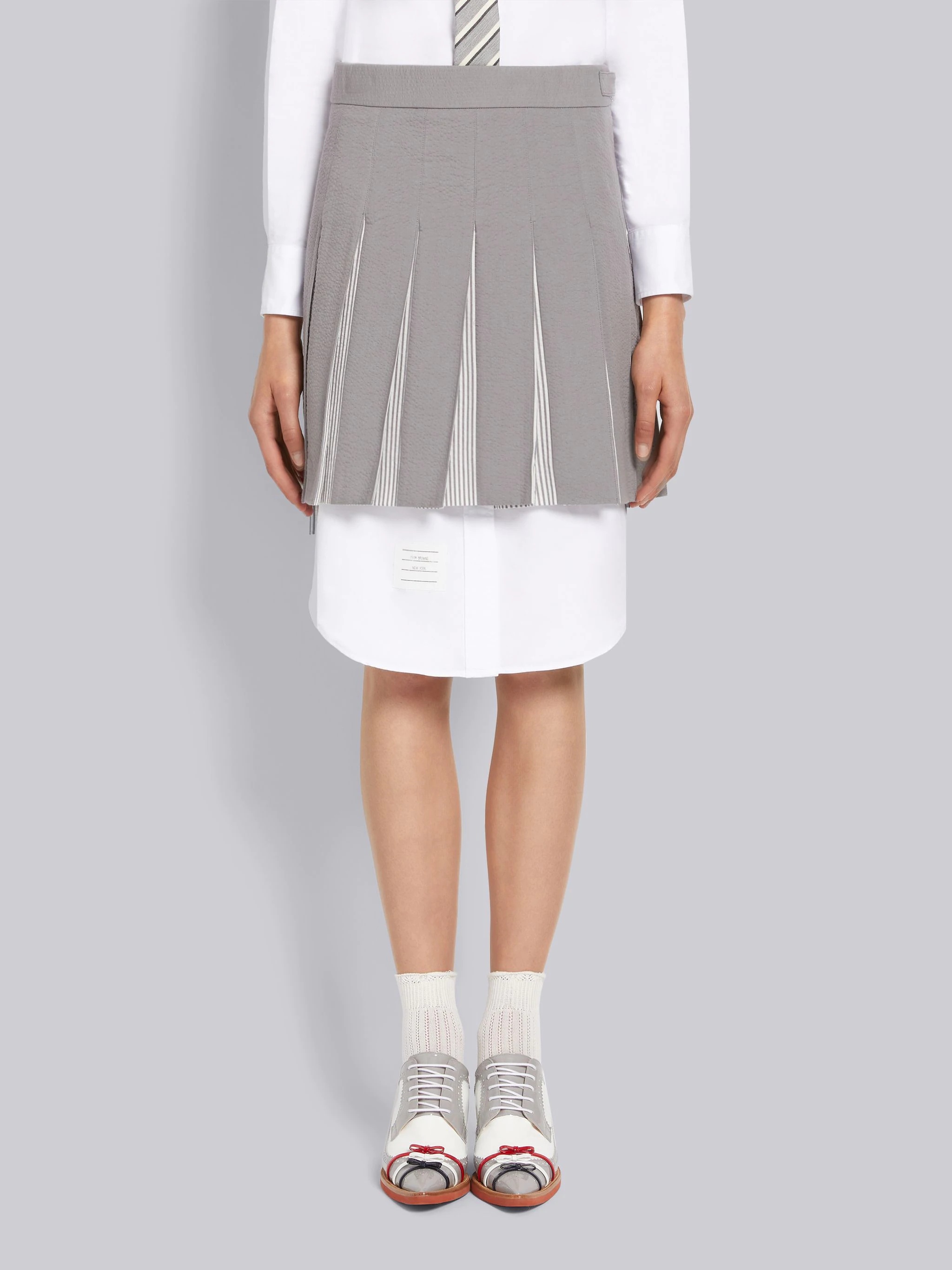 Medium Grey Piece Dyed Seersucker Pleated Dropped Back Mini Skirt - 1
