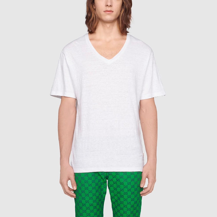 Gucci Linen V-Neck T-Shirt With Double G 'White' 645269-XJC6N-9692 - 3