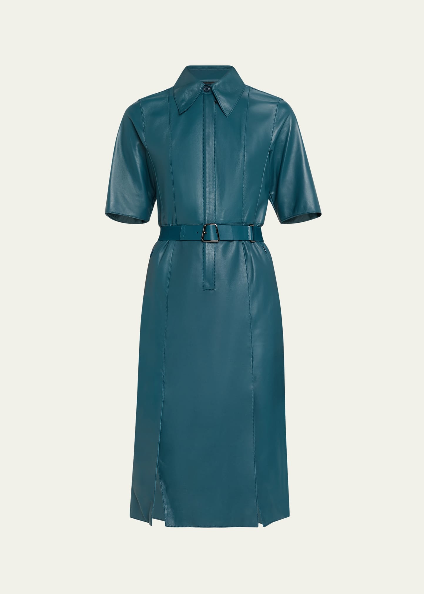 Short-Sleeve Nappa Leather Belted Shirtdress - 1
