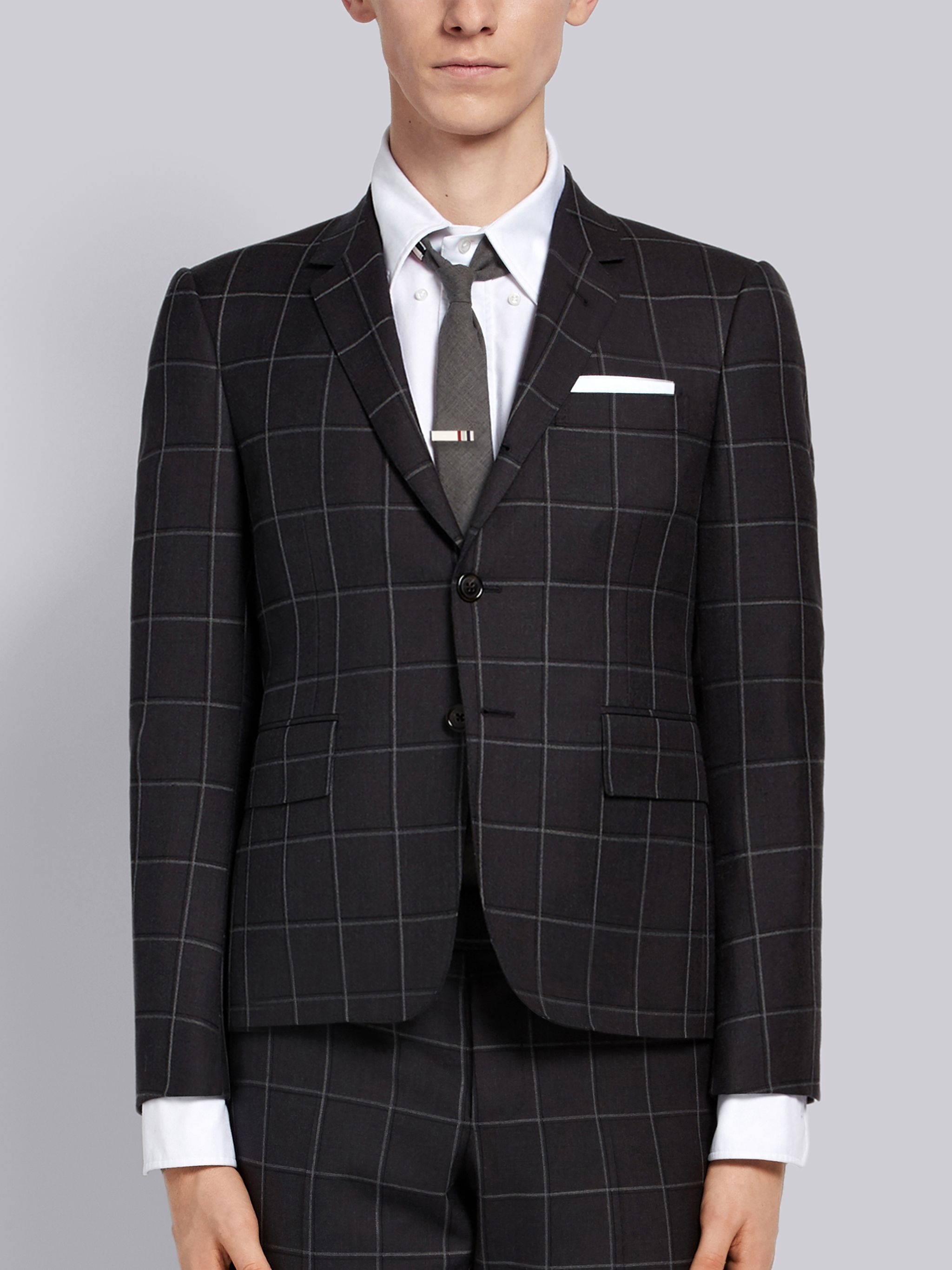 Dark Grey Super 100s Windowpane Narrow Shoulder Sport Coat - 1