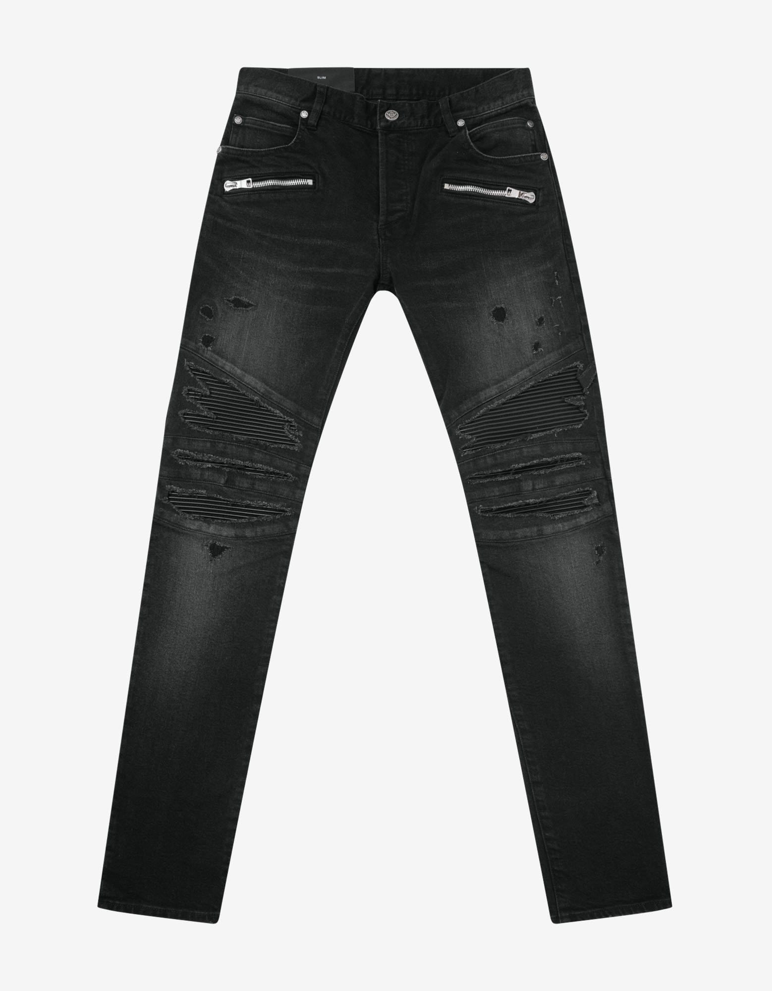 Balmain Black Ribbed Panel Destroyed Slim Biker Jeans - 1