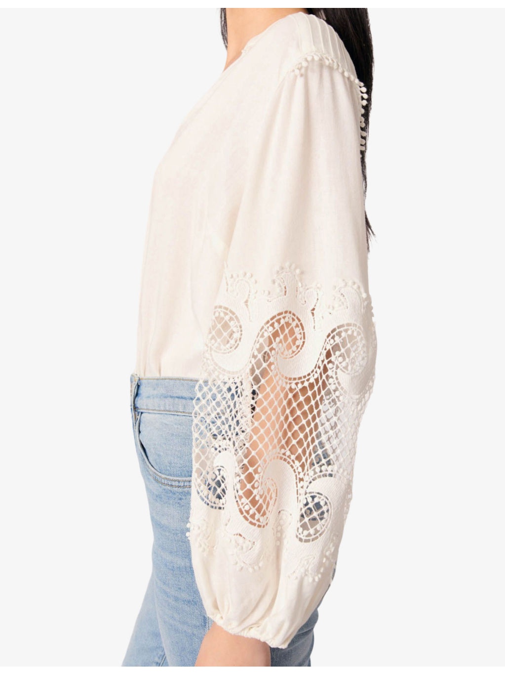 V-Neck Lace-Insert Linen Blouse - 5