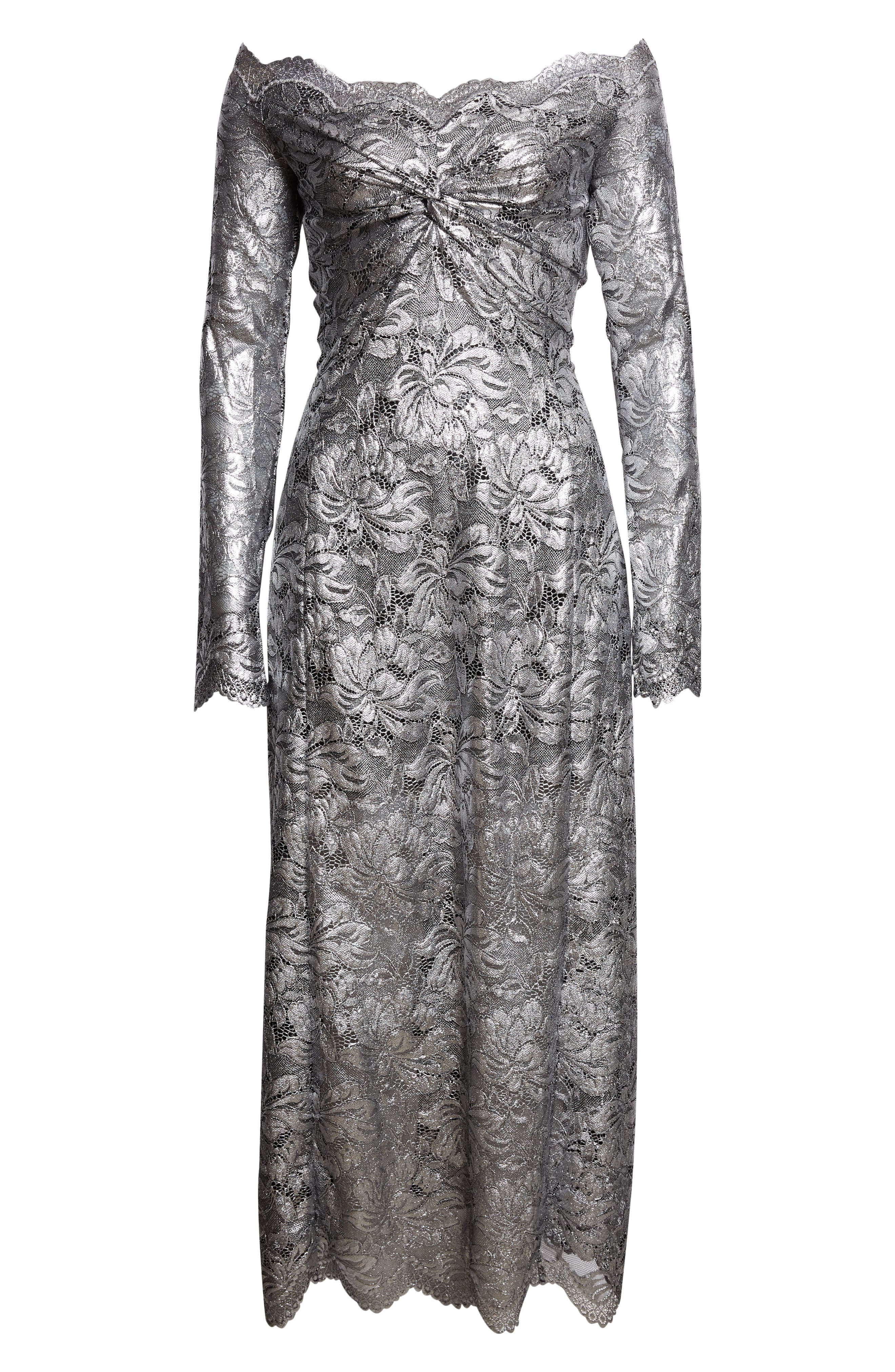 Rabanne Metallic Long Sleeve Stretch Lace Dress in Black /Silver at Nordstrom - 5
