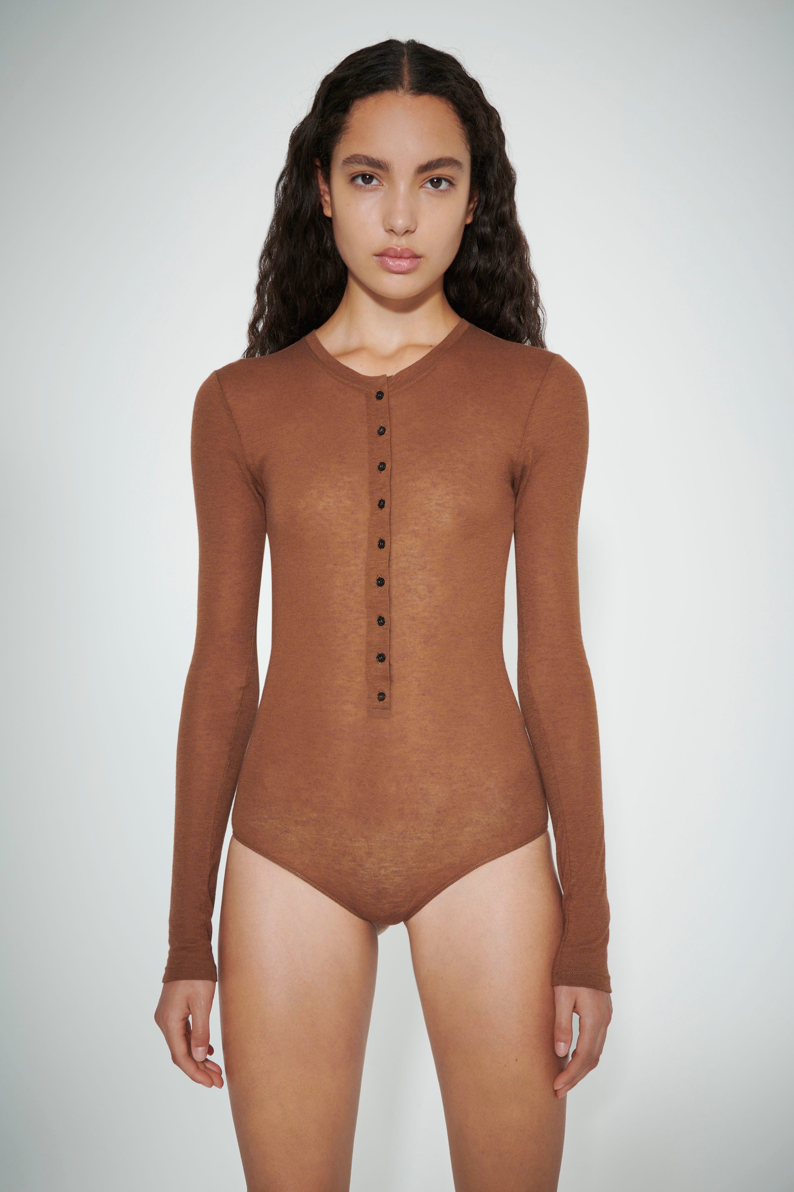 Button Down Bodysuit in Brown - 4