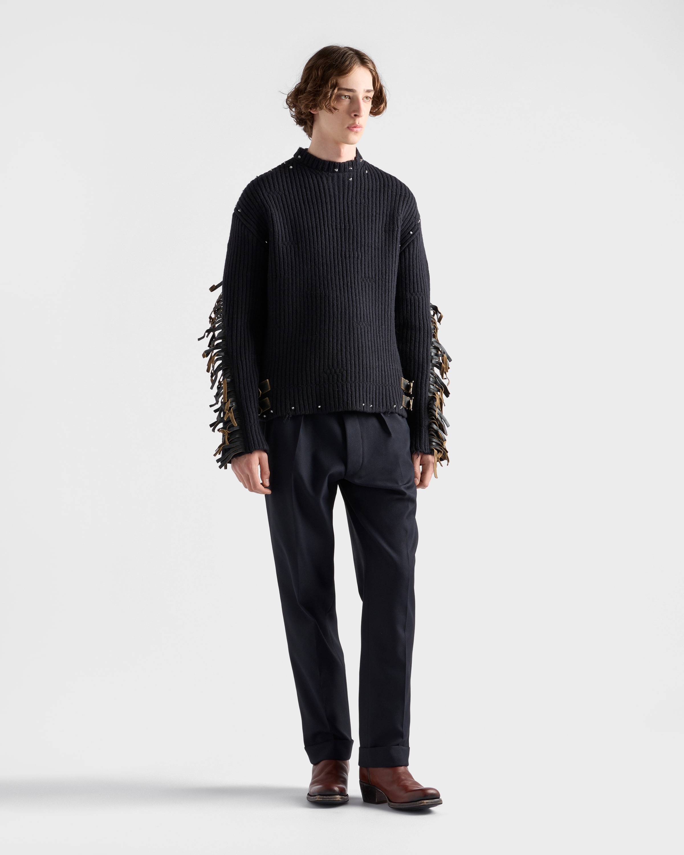 Wool crew-neck sweater with fringe and studs - 2