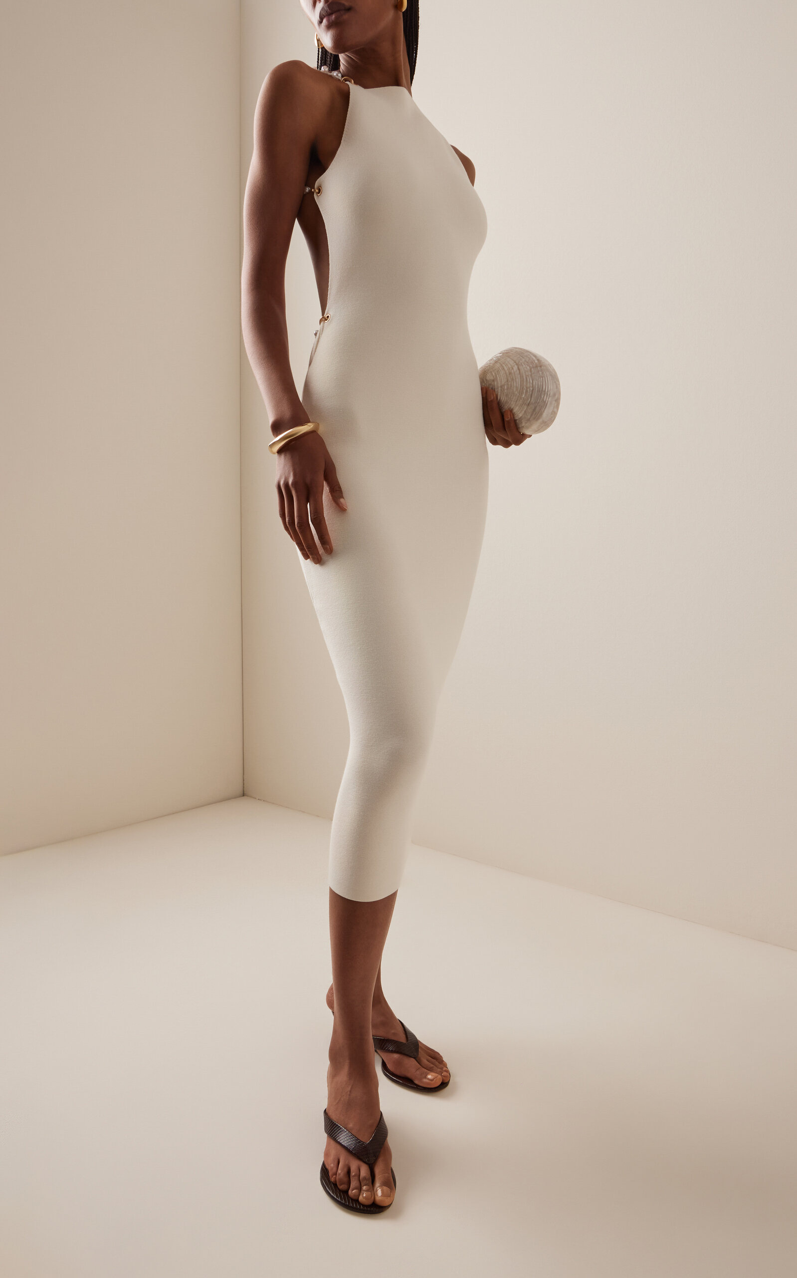 Cassi Pearl-Detailed Open-Back Knit Midi Dress white - 2