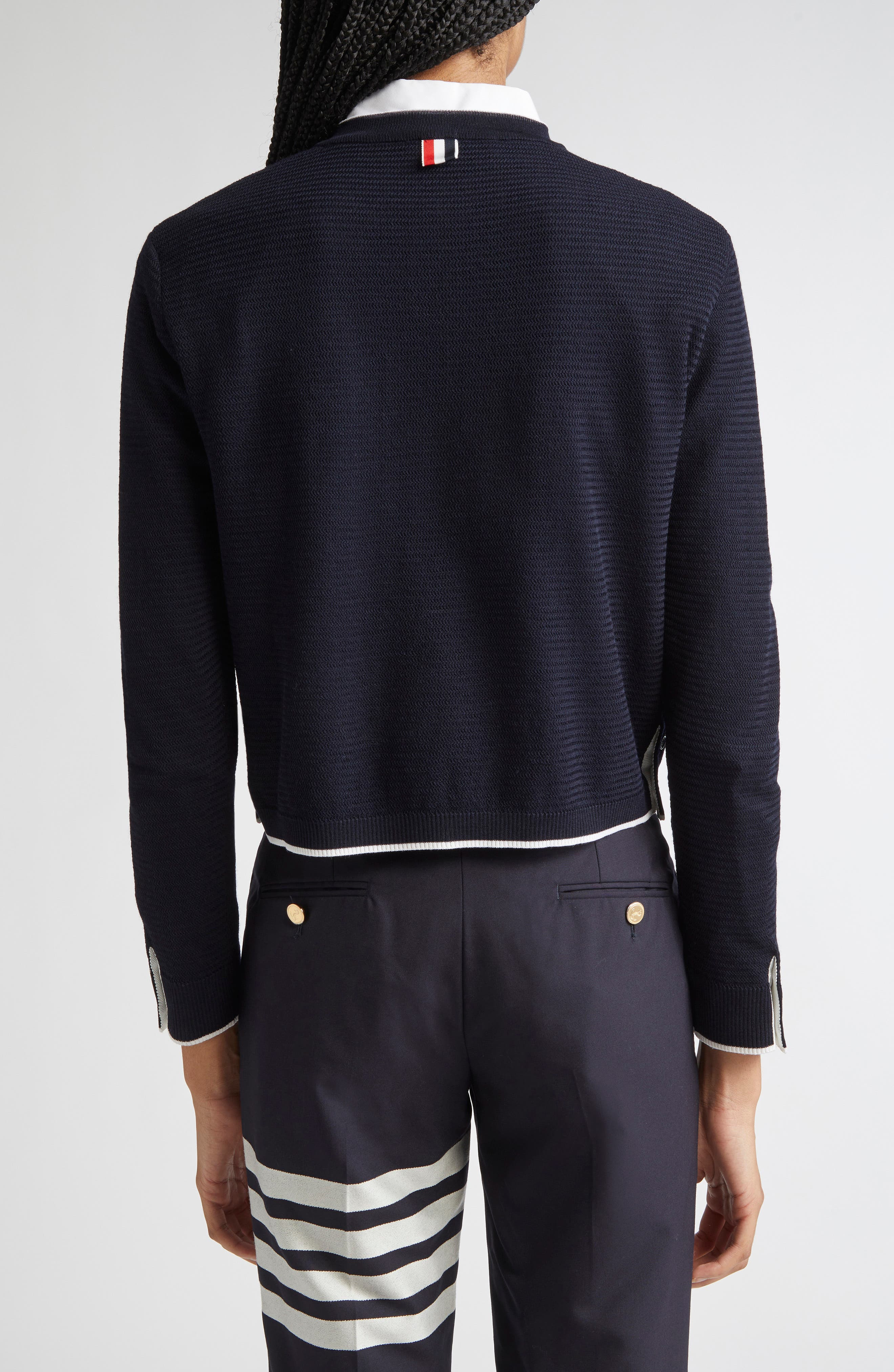 Thom Browne Textured Stitch Virgin Wool Crewneck Cardigan in Navy at Nordstrom - 2