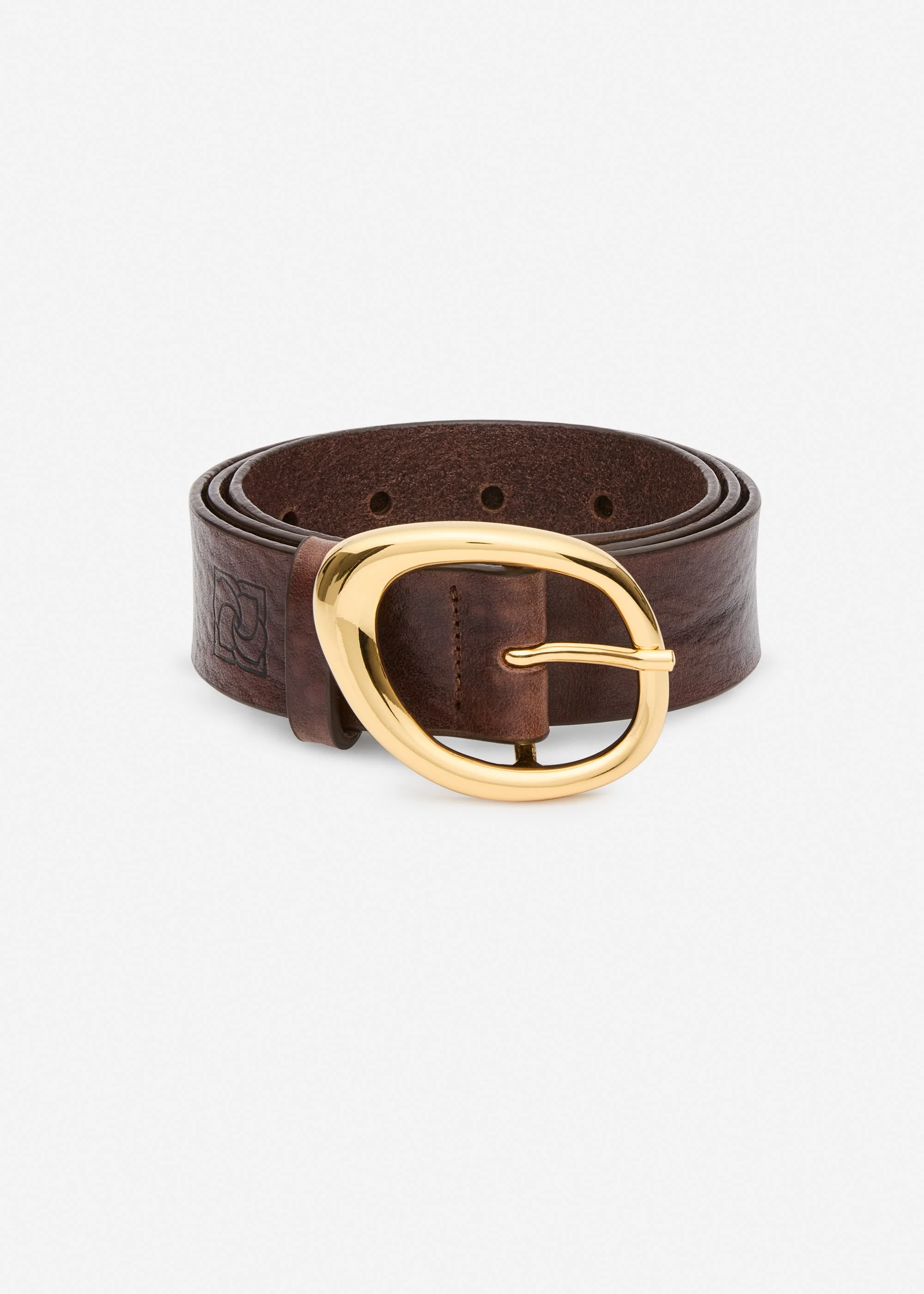 Fluid buckle leather belt in brown and gold - 1
