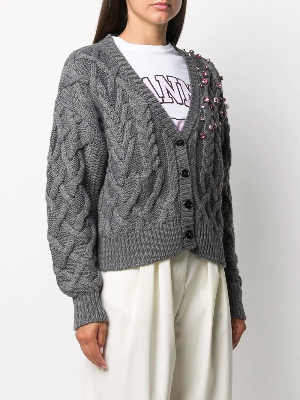 jewel-embellished cable knit cardigan - 3