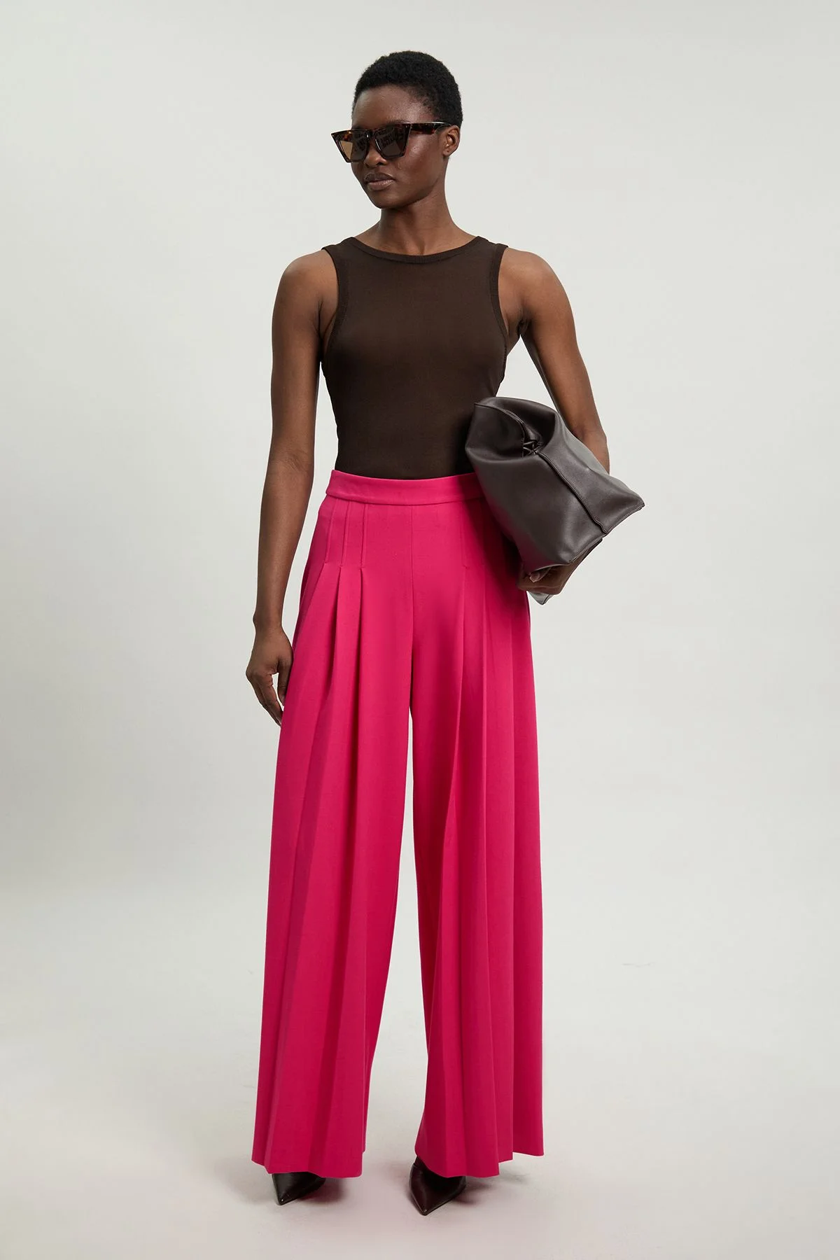 Tailored Structured Crepe Pleated Wide Leg Trousers - 1