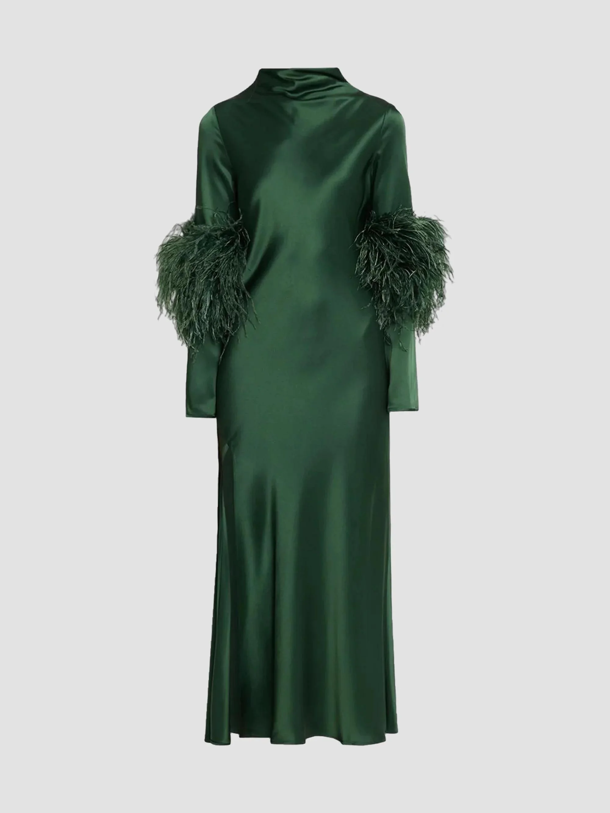 Women's Satin Feather-Trimmed Bias Midi Dress - Forest - 1