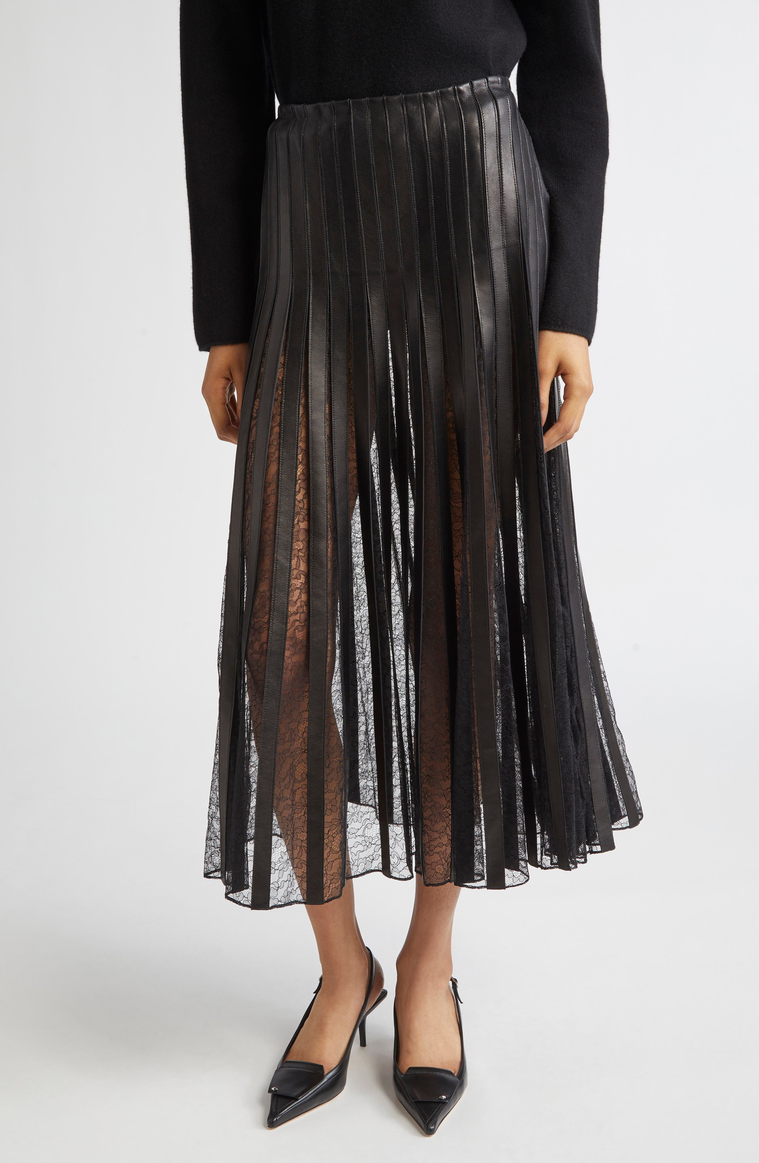 Brandon Maxwell Alix Leather Strip & Lace Skirt in Black at Nordstrom - 1