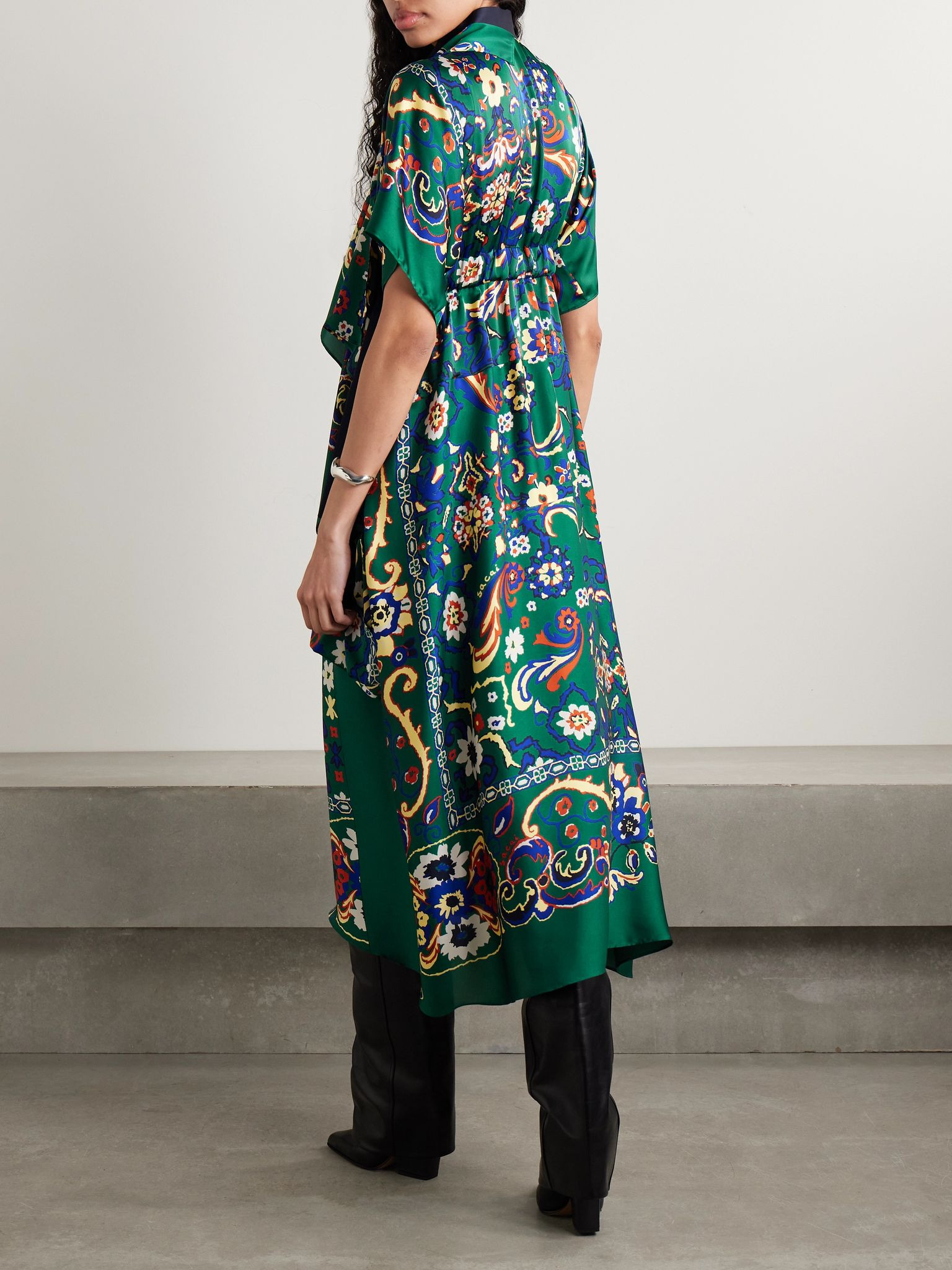Draped printed satin midi dress Green - 4