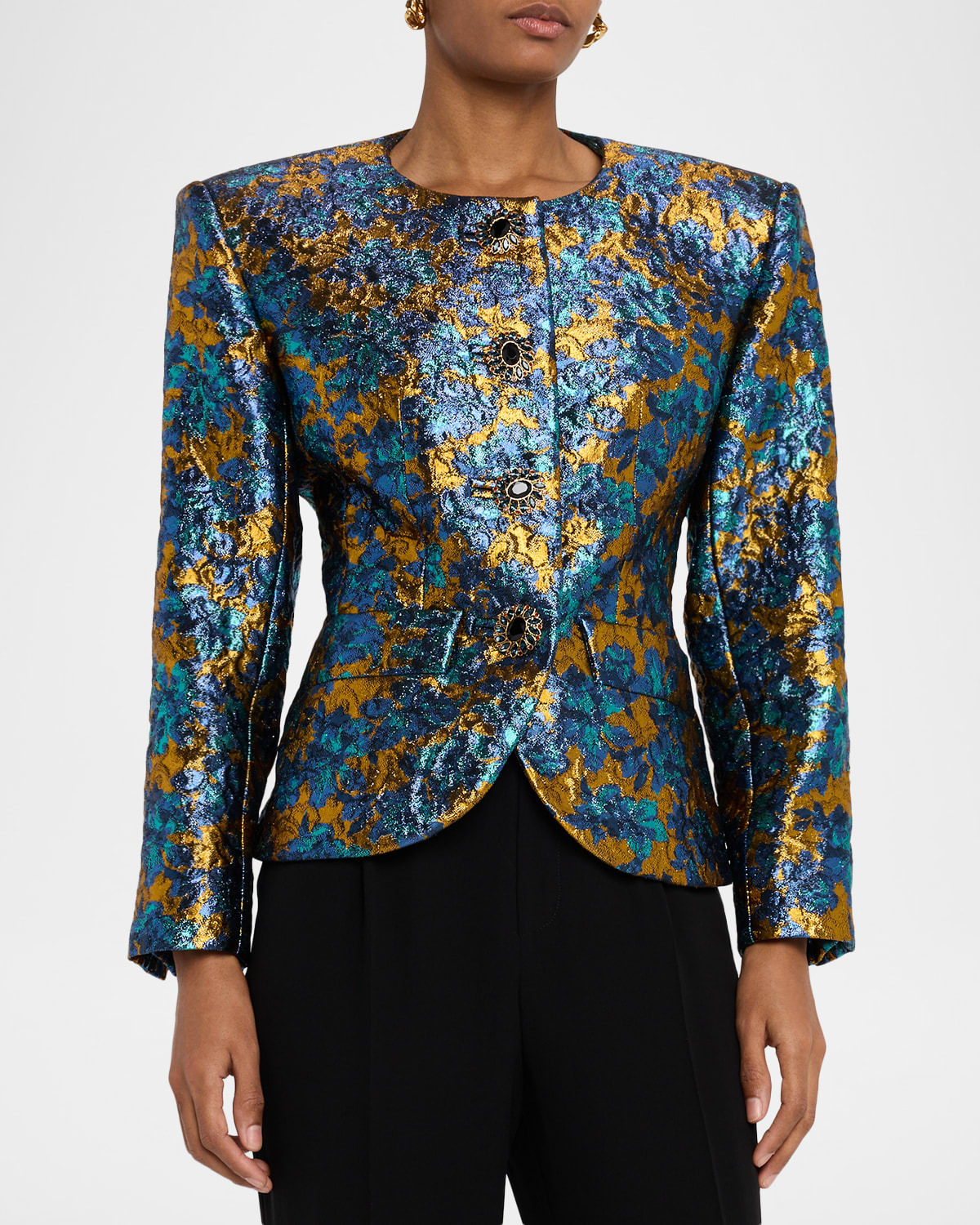 Metallic Floral Brocade Single-Breasted Jacket - 4