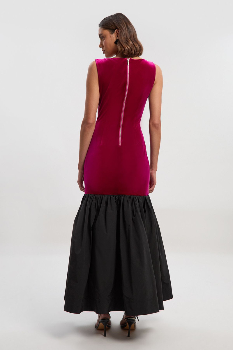 Velvet Sleeveless Body With Taffeta Drop Waist Maxi Dress 5