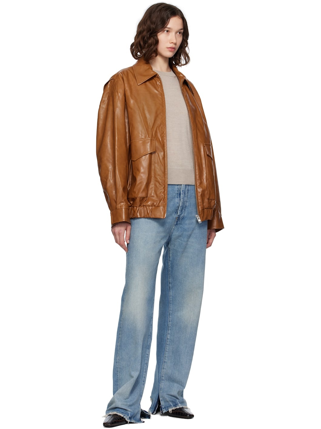 Brown Oversized Faux-Leather Bomber Jacket - 4
