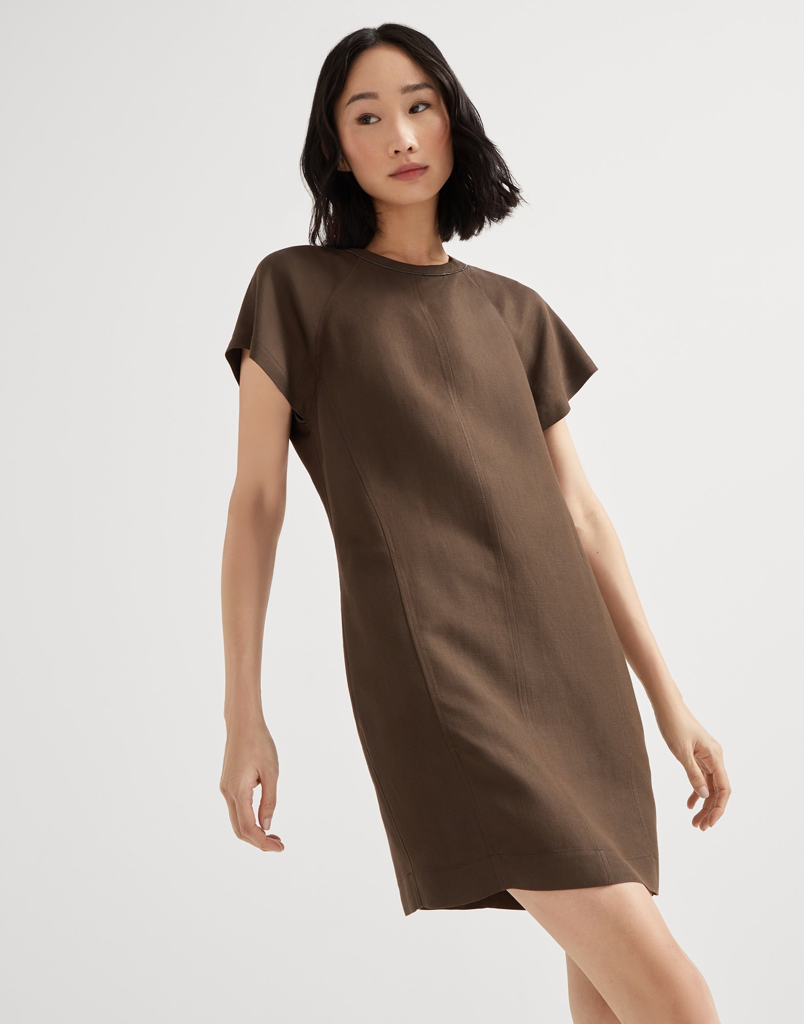 Viscose and linen fluid twill mini dress with shiny neck detail - 4
