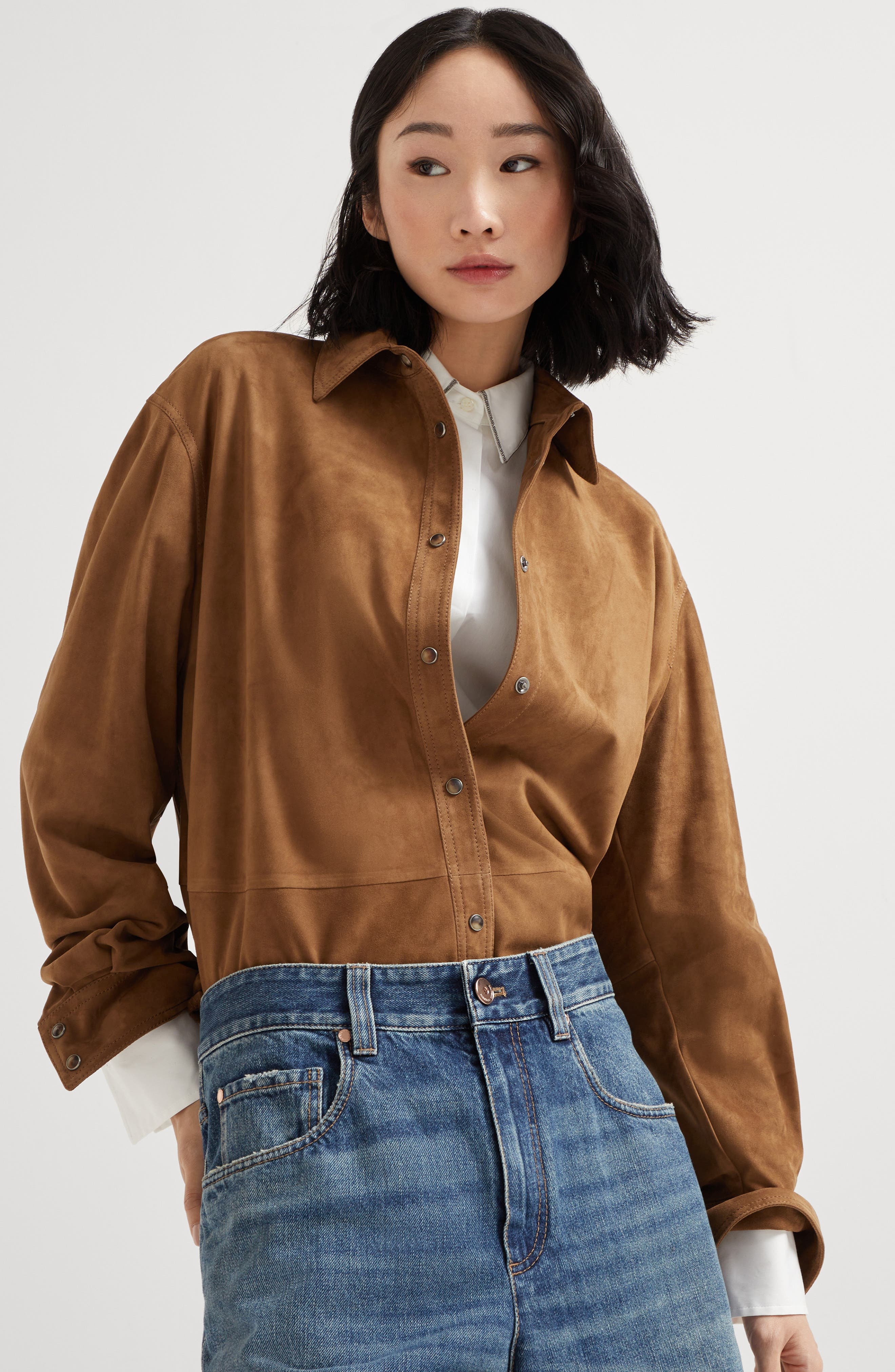 Brunello Cucinelli Suede shirt with monili in Light Brown at Nordstrom - 5