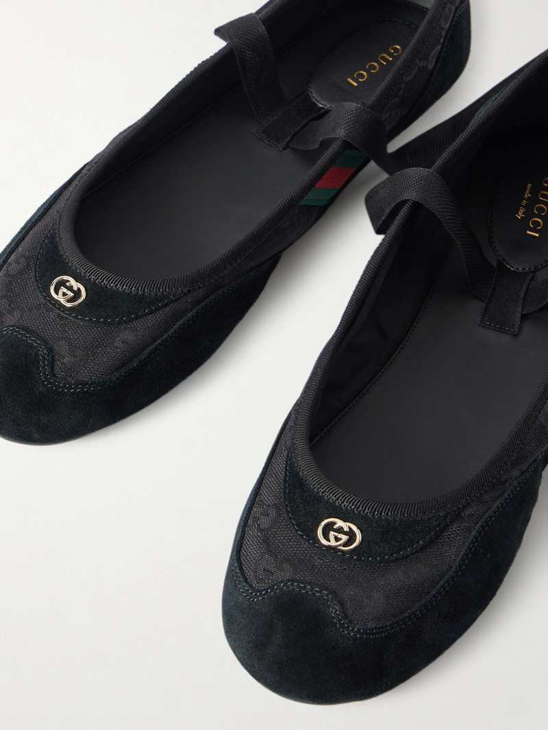 Embellished Webbing-trimmed Canvas And Suede Ballet Flats 5