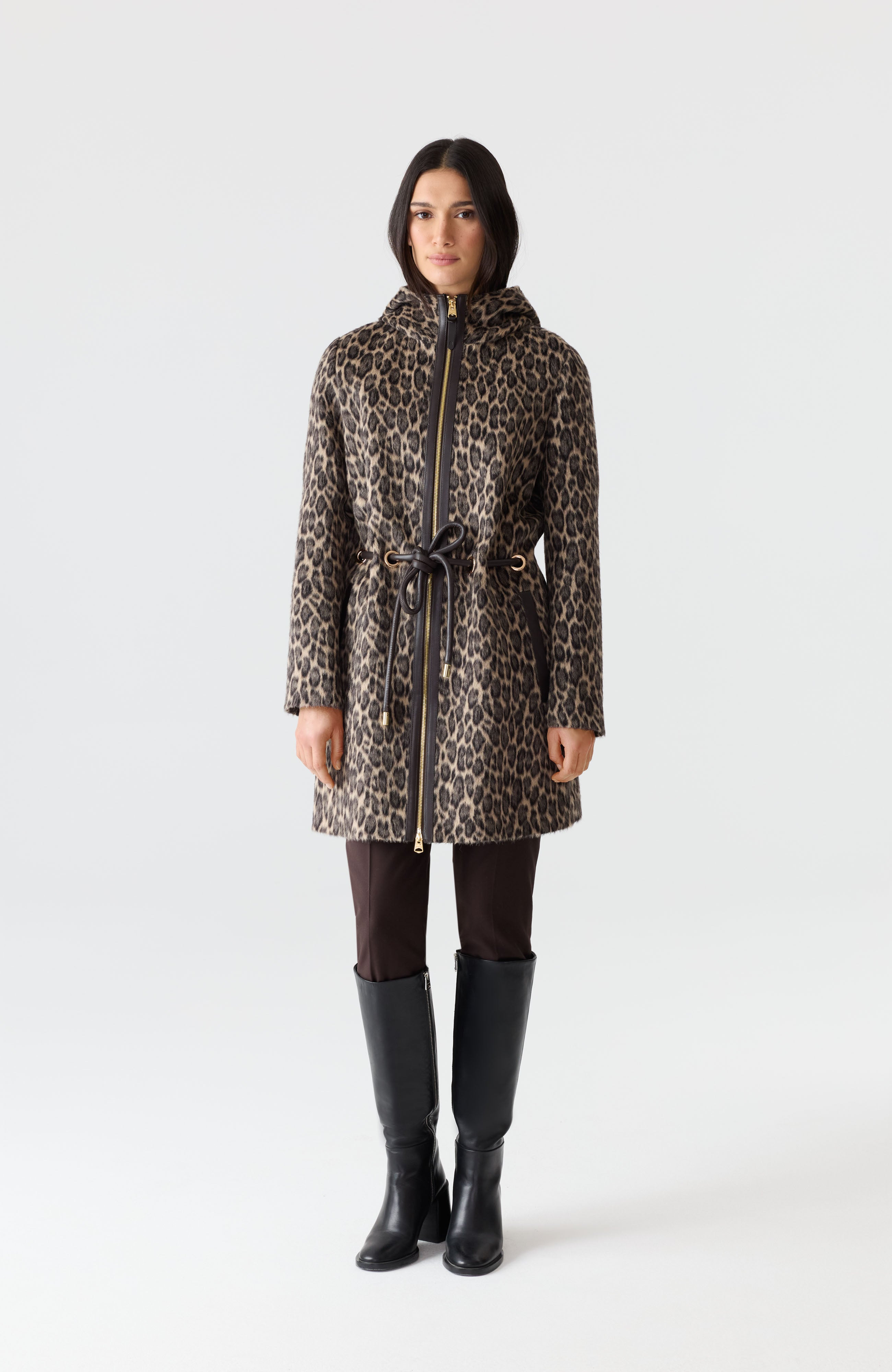 BLITHE-A Animal-Print Jacquard Wool Coat with Leather Trim - 2