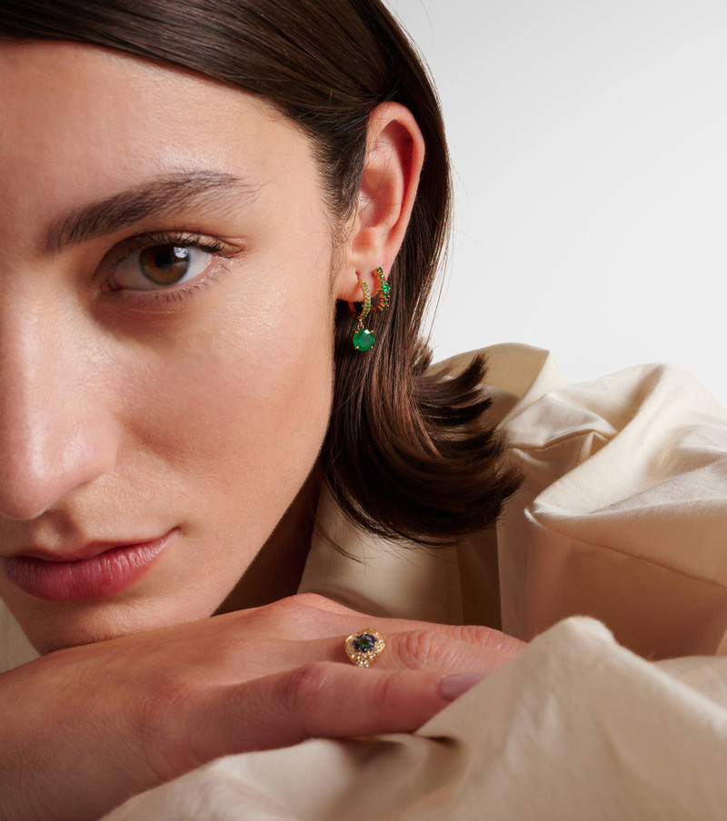 ILEANA MAKRI Grass Seed 18kt gold hoop earrings with emeralds outlook