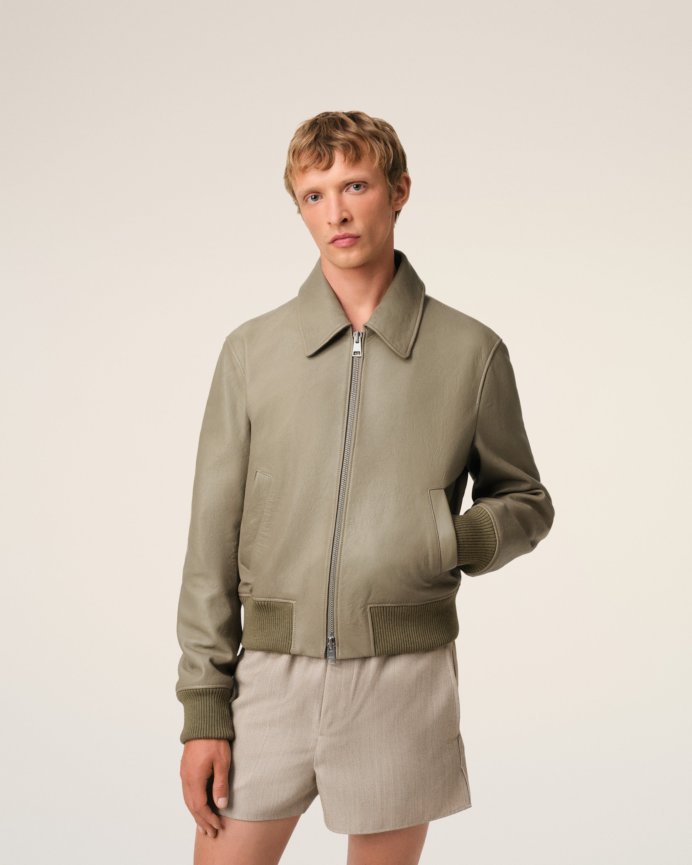 GREEN LEATHER ZIPPED JACKET - 3