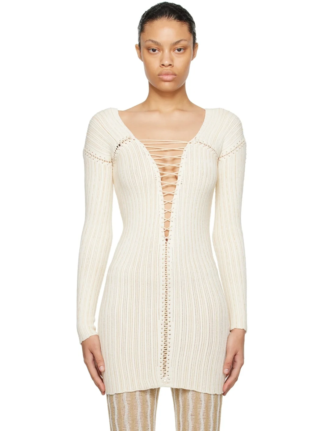 SSENSE Exclusive Beige & White Lace-Up Top - 1