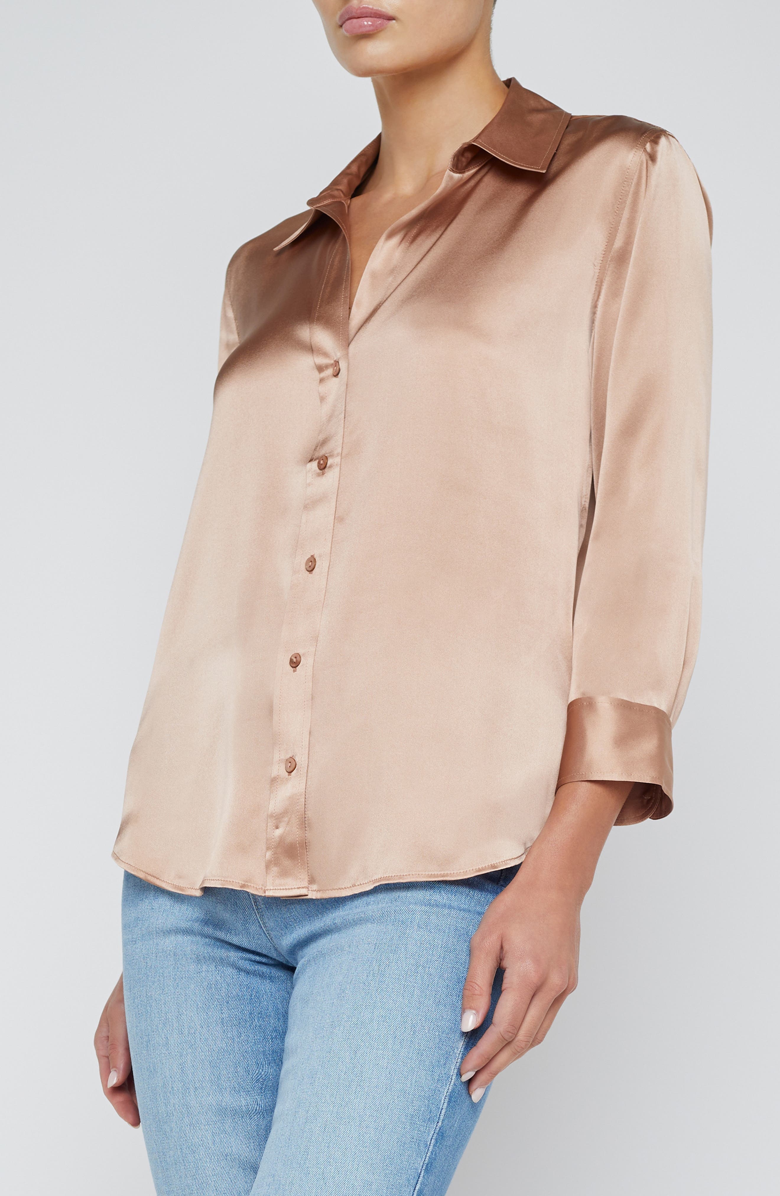 L'AGENCE Dani Silk Charmeuse Blouse in Pecan at Nordstrom - 3