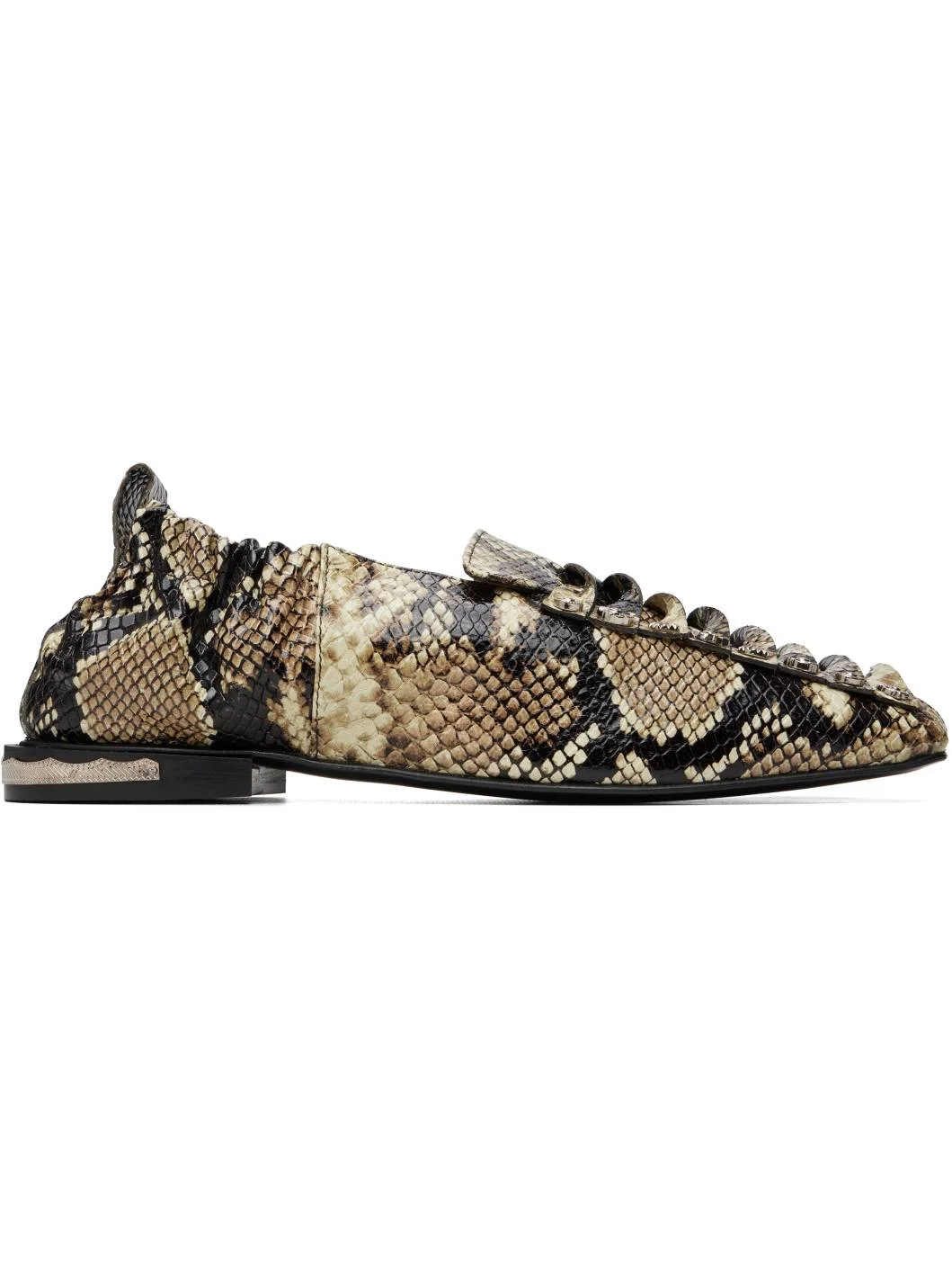 Beige & Brown Embossed Snake Ballerina Loafers - 1