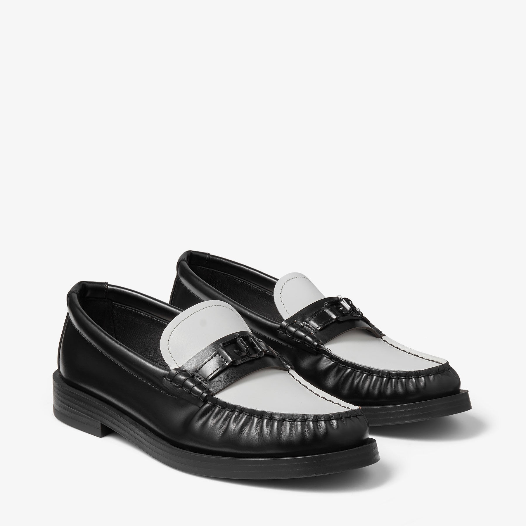 Addie/JC
Black and Latte Box Calf Leather Flat Loafers with JC Emblem - 2