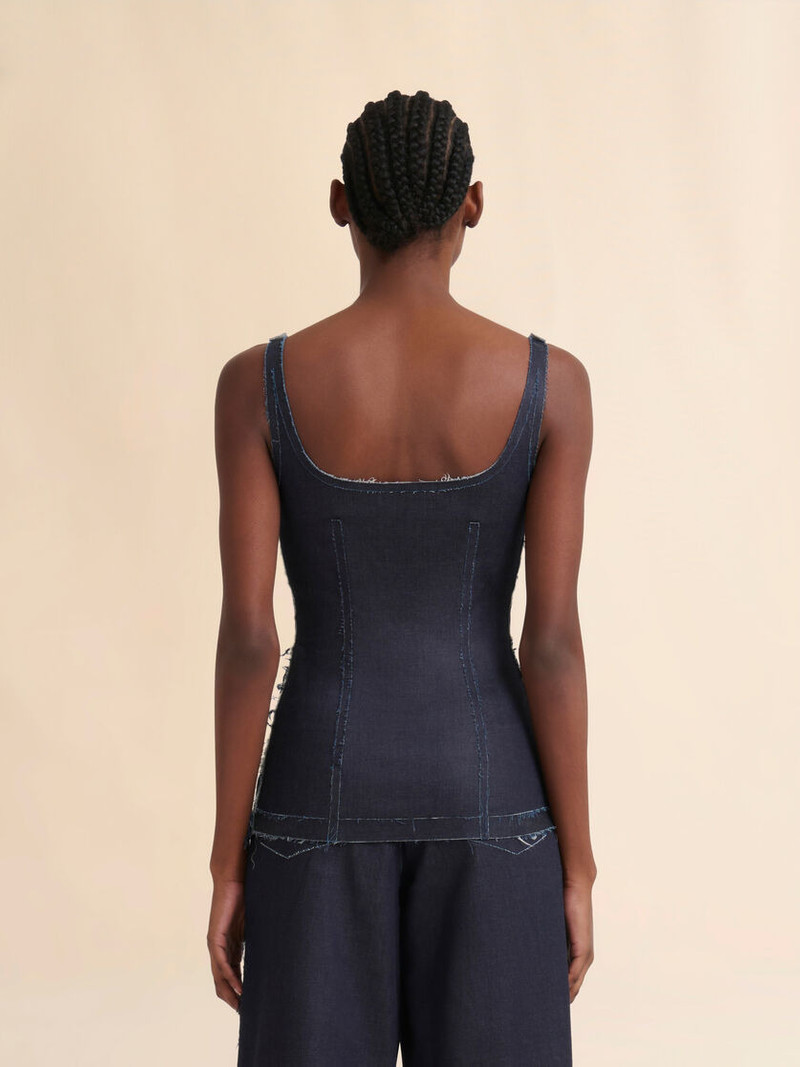 DEEP BLUE STRETCH DENIM TROMPE L'OEIL TANK TOP 3