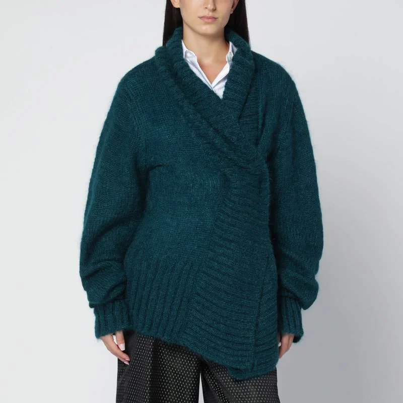 Dries Van Noten Oversized Petroleum Green Mohair-Blend Sweater - 1